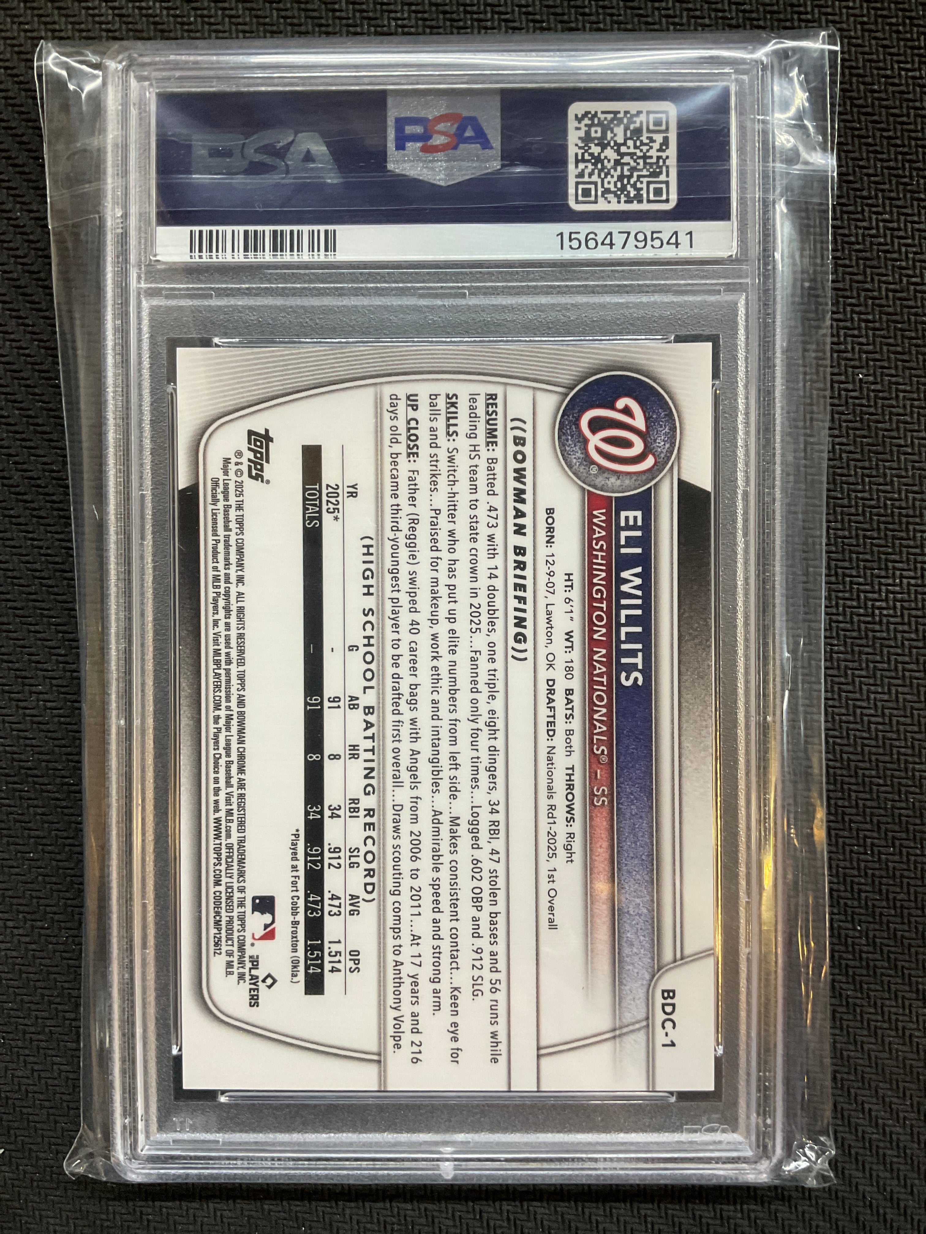 2025 Bowman Draft Sapphire Edition Eli Willits 1st Bowman Gold /50 PSA 9 Nationals
