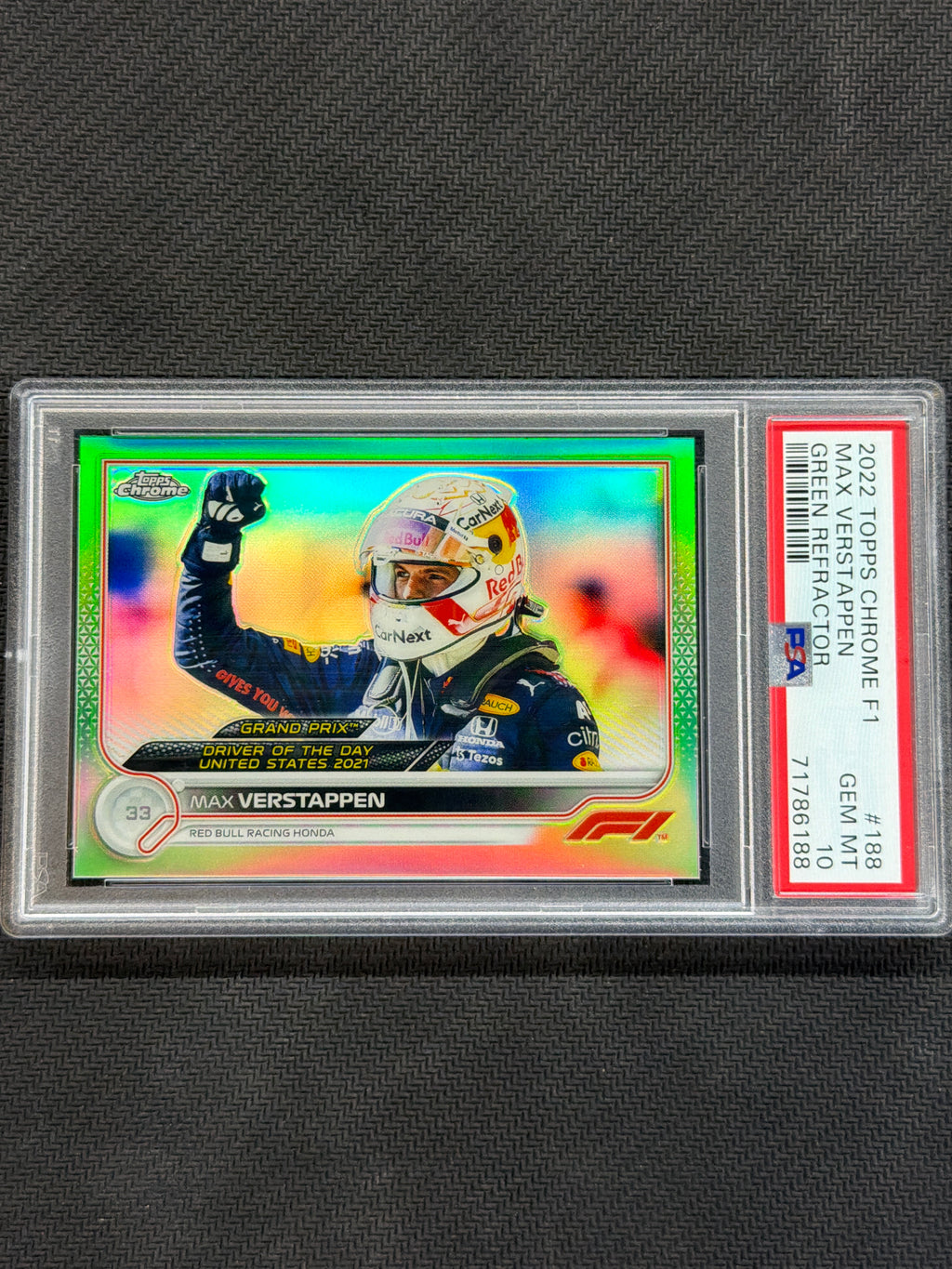 2022 Topps Chrome F1 Max Verstappen Green /99 PSA 10 Red Bull