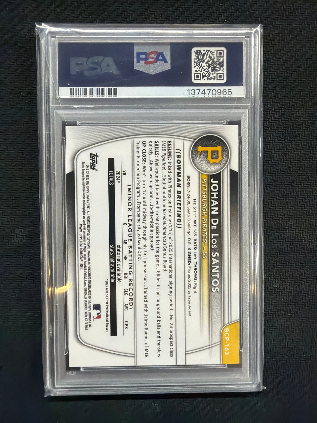 2025 Bowman Chrome Johan De Los Santos Peanuts PSA 10