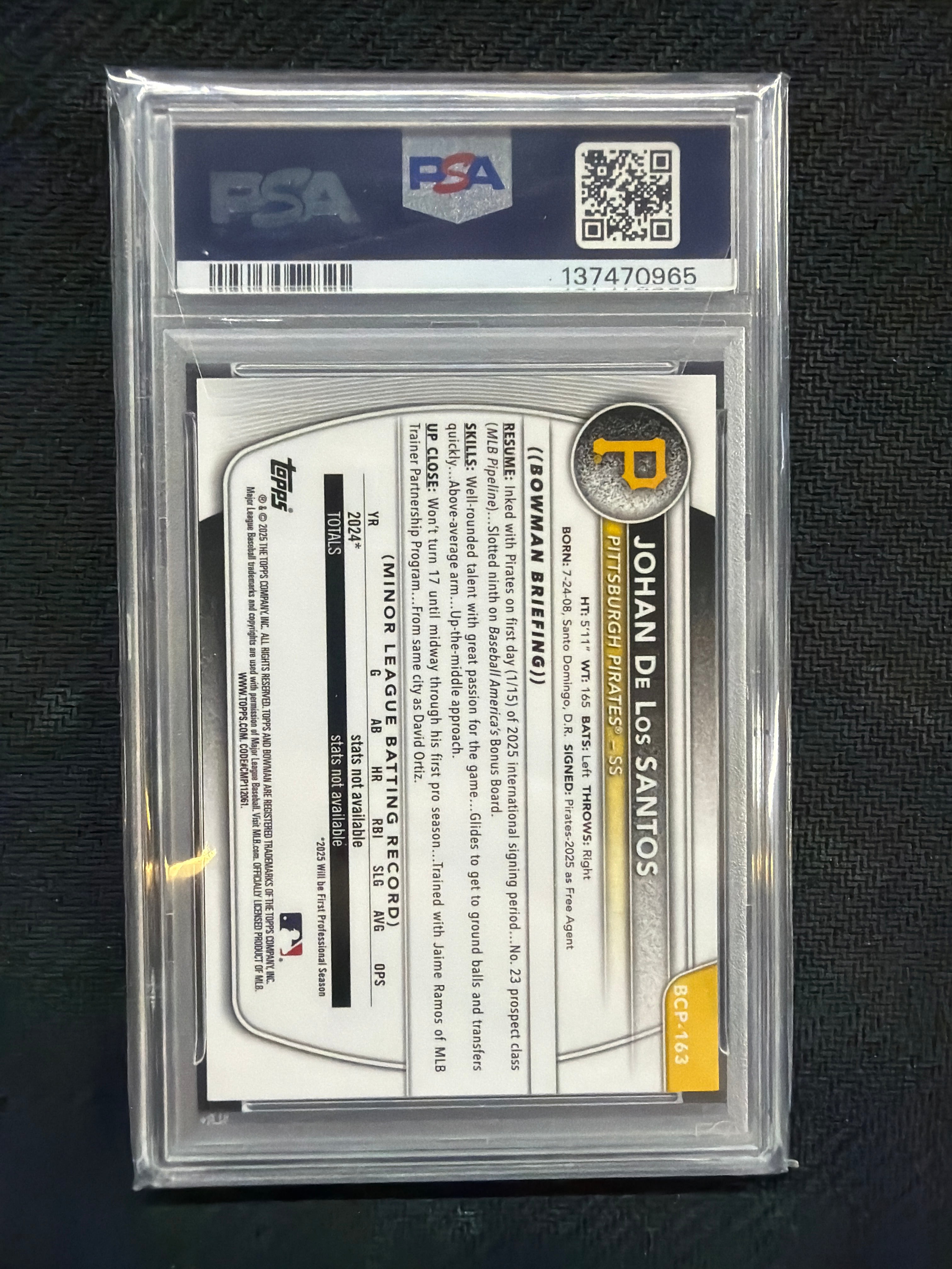 2025 Bowman Chrome Johan De Los Santos Peanuts PSA 10