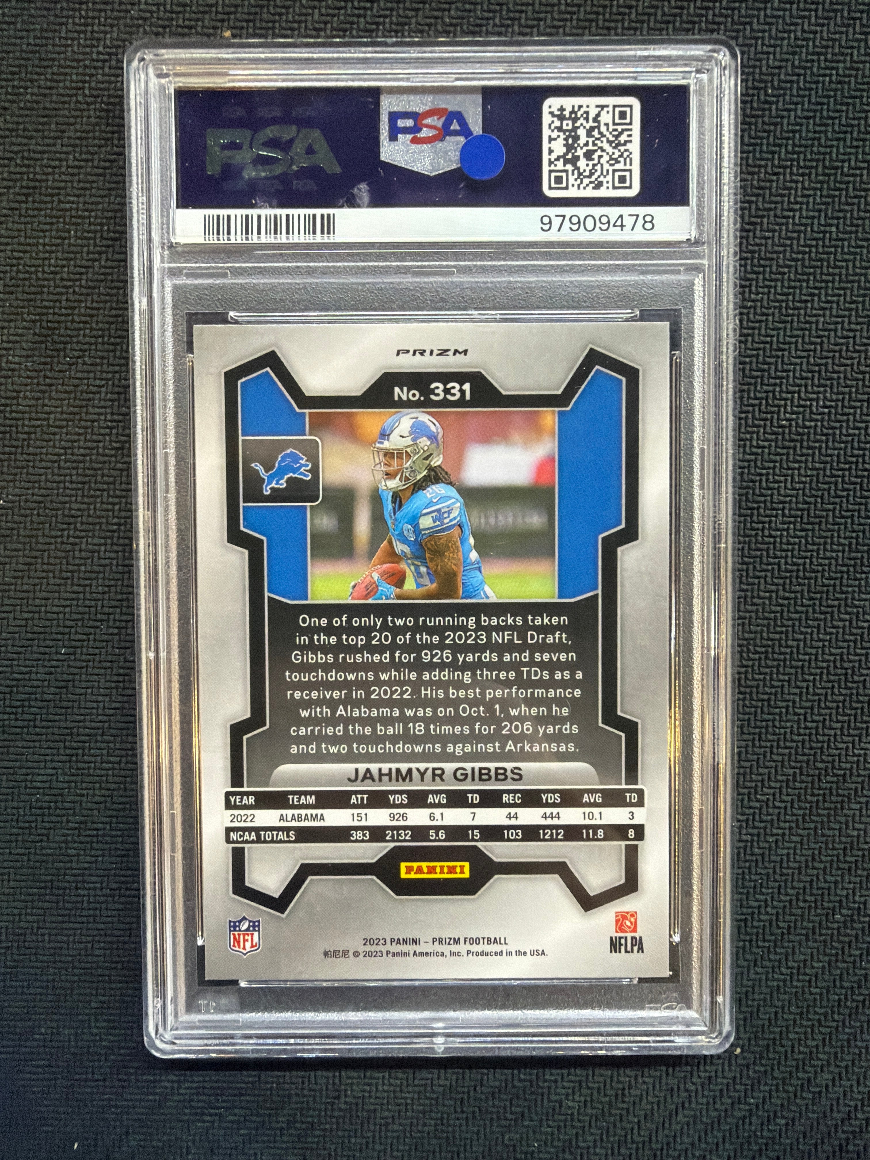 2023 Prizm Jahmyr Gibbs Green Ice Rookie PSA 9 Lions