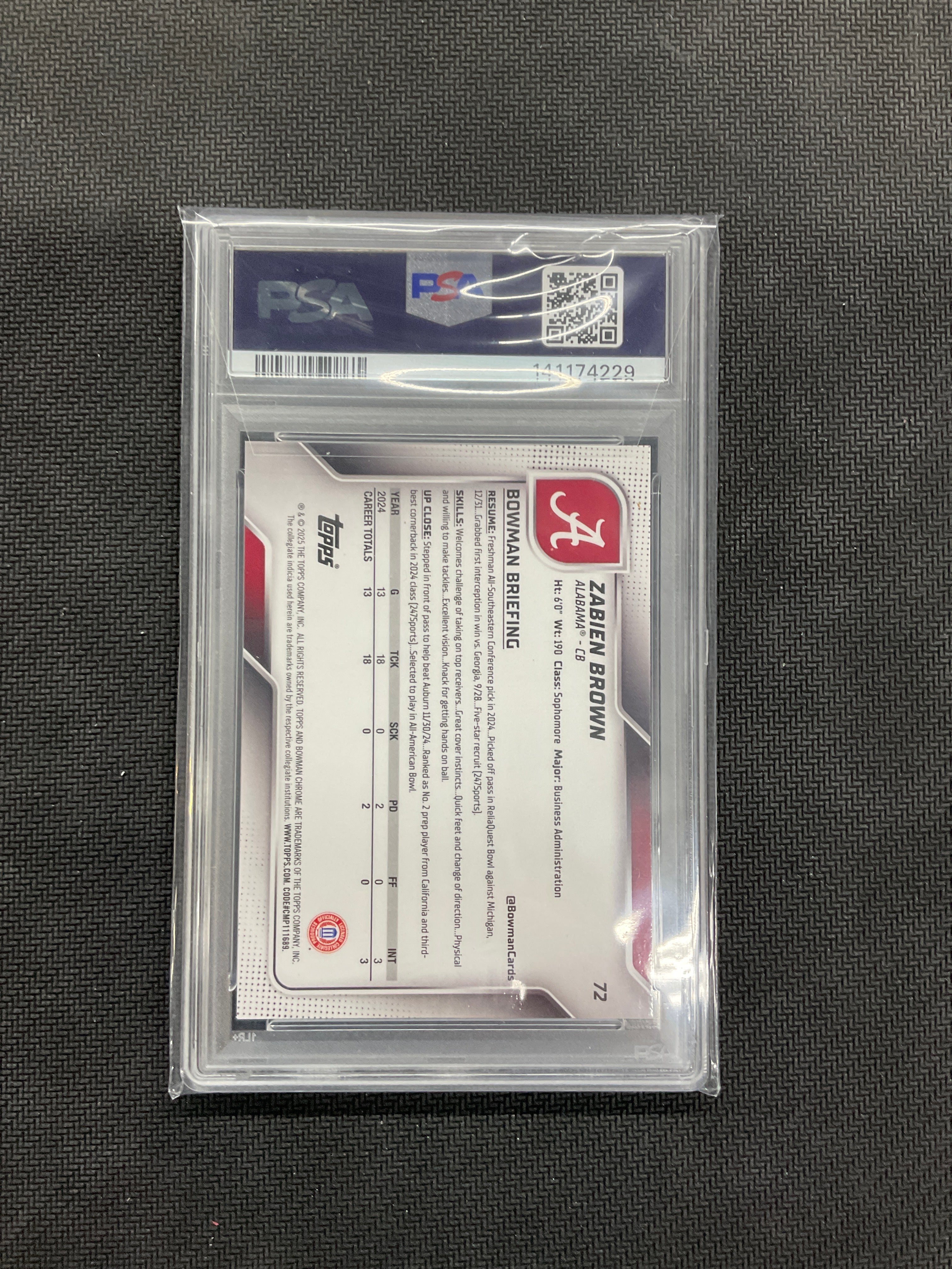 2025 Bowman U Chrome Zabien Brown Purple Shimmer /75 PSA 10 Alabama