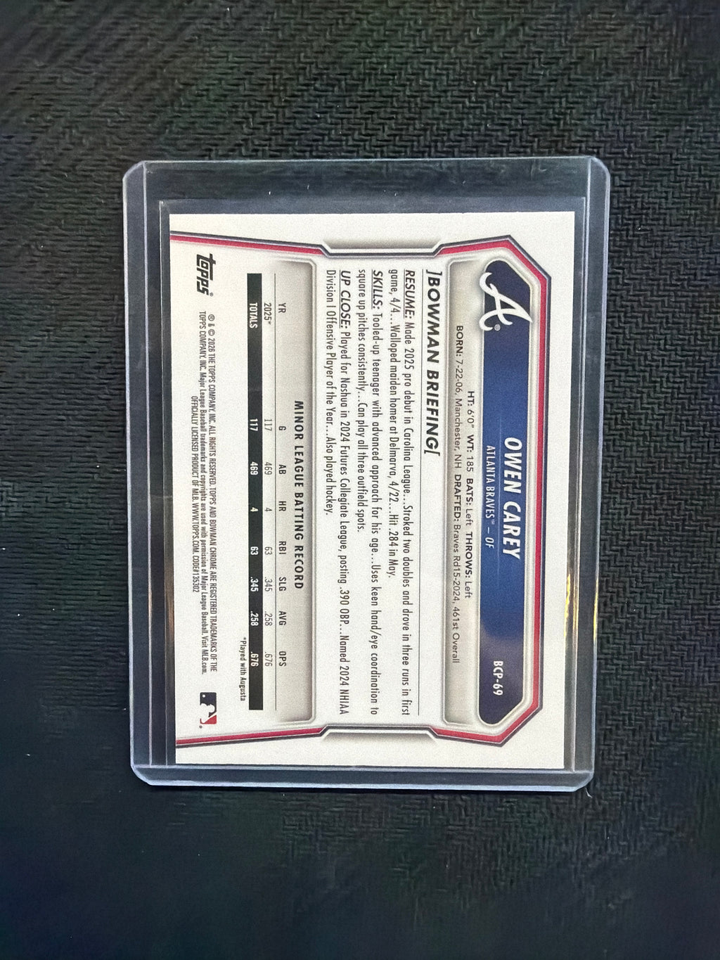 2026 Bowman Chrome Owen Carey Blue Shimmer /150 Braves