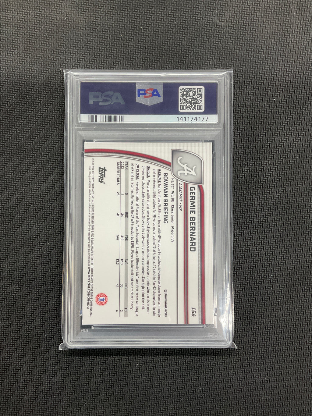 2024 Bowman U Sapphire Germie Bernard #156 Rookie PSA 10 Alabama