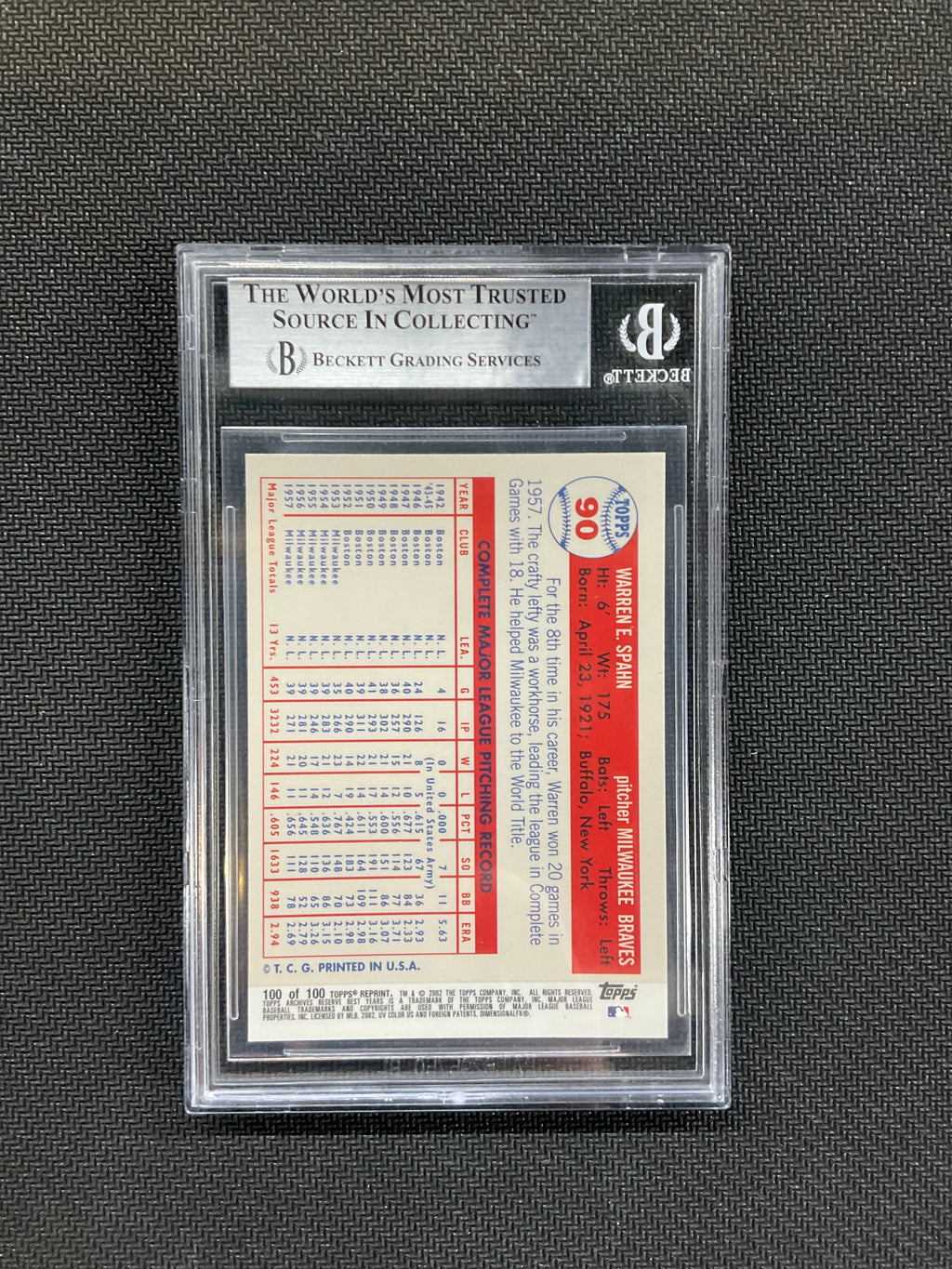 2002 Topps Archives Reserve Warren Spahn BGS 9 Braves