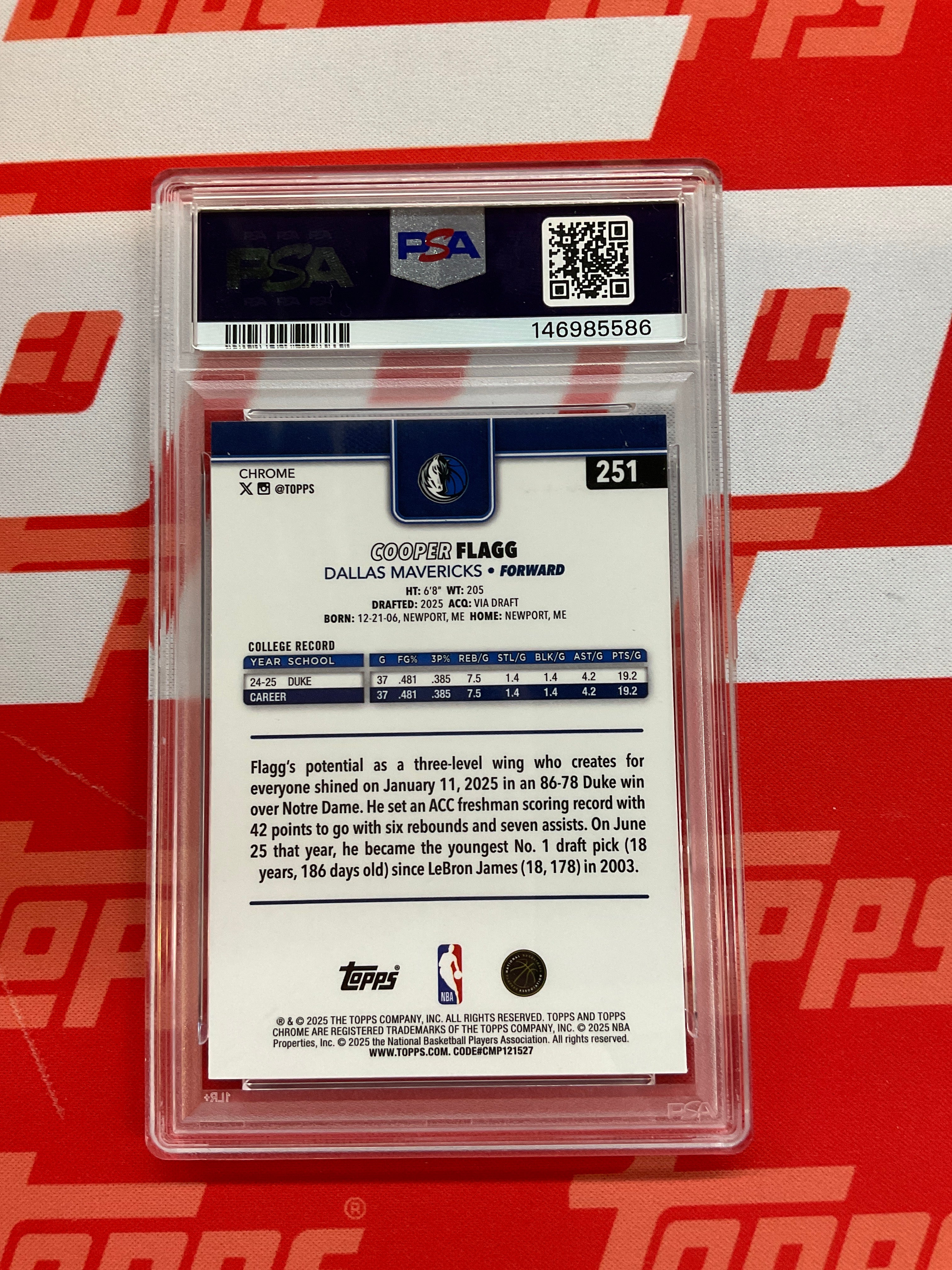 2025-26 Topps Chrome Cooper Flagg Rookie PSA 8 Dallas 586