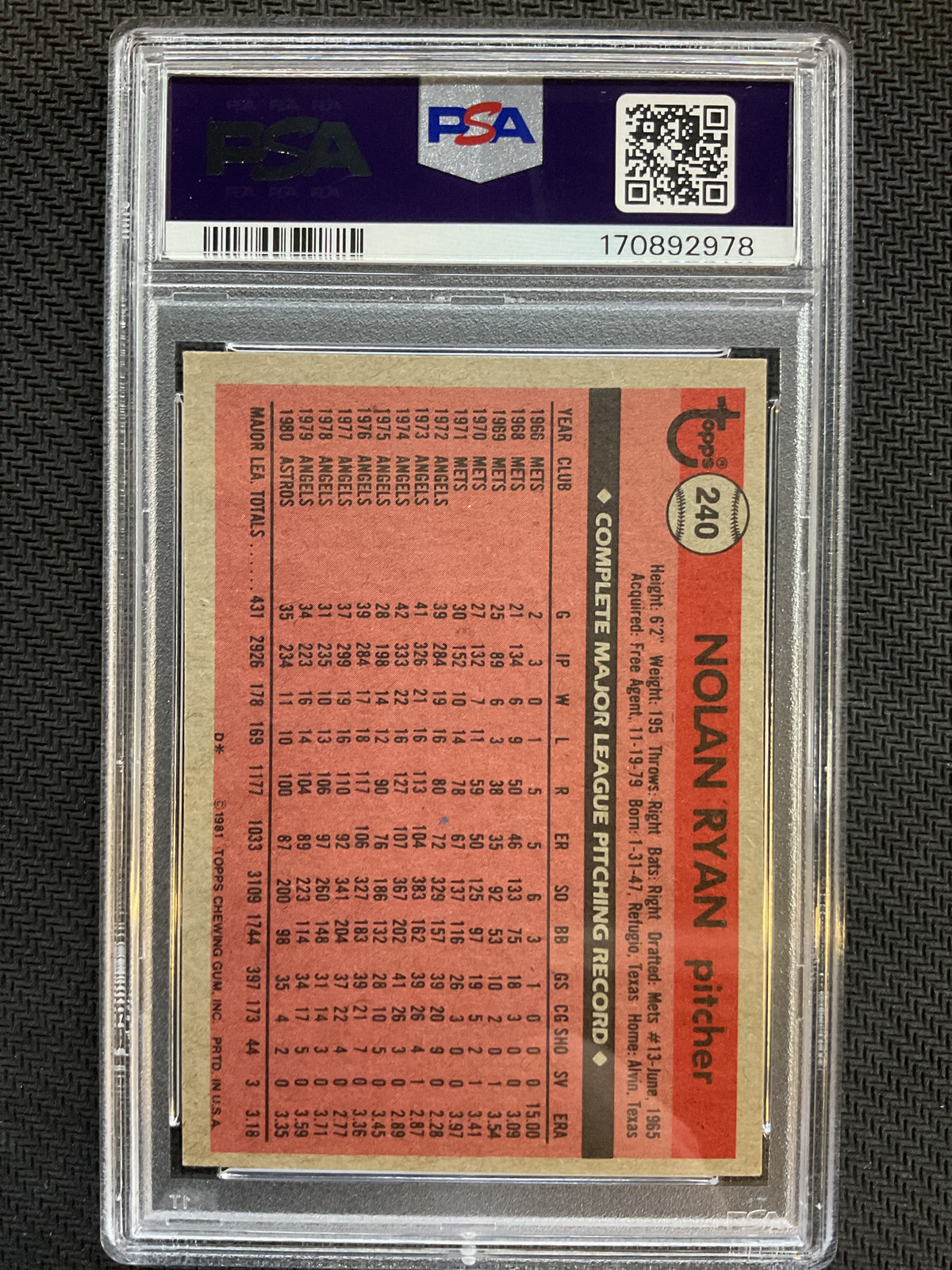 1981 Topps #240 Nolan Ryan PSA 6