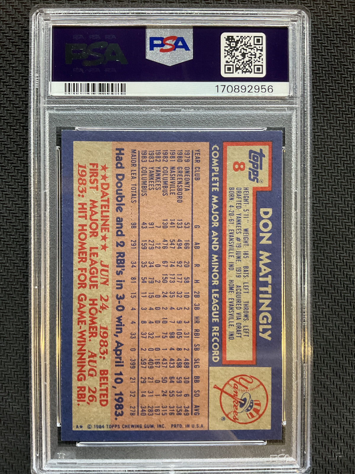 1984 Topps #8 Don Mattingly PSA 9 956