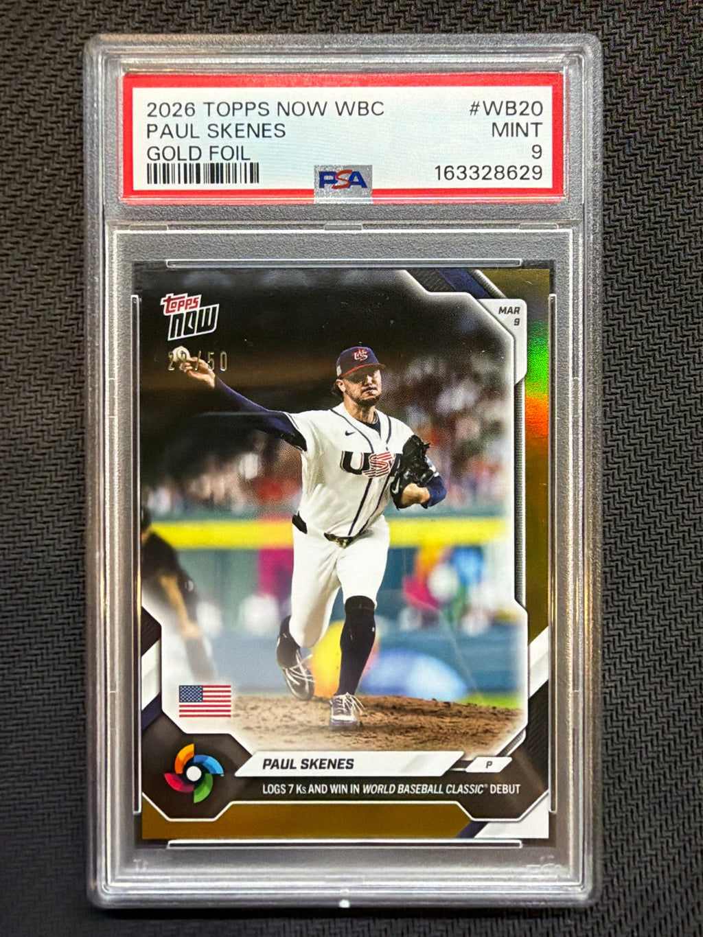 2026 Topps Now WBC Paul Skenes Gold Foil /50 #WB20 PSA 9