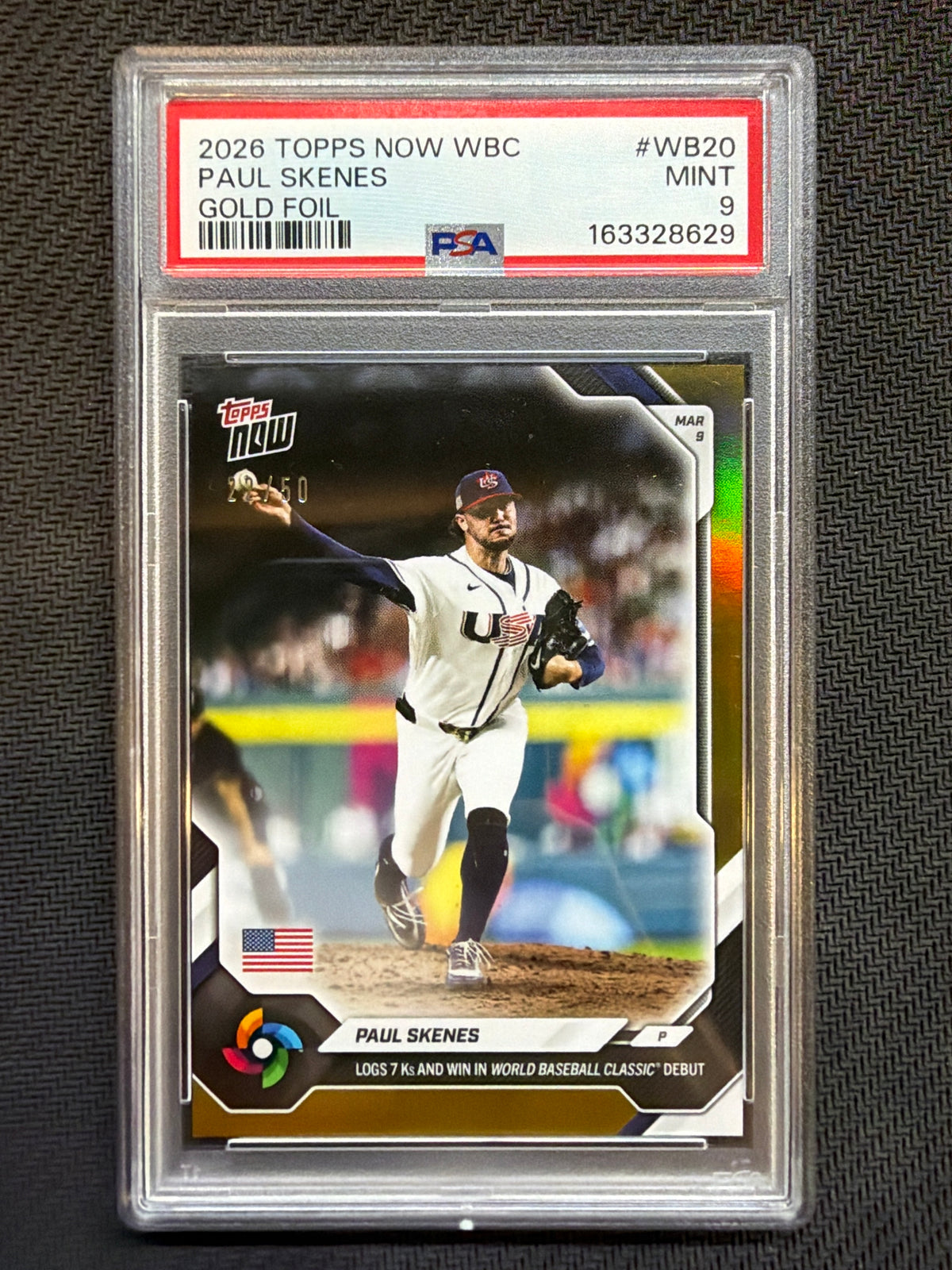 2026 Topps Now WBC Paul Skenes Gold Foil /50 #WB20 PSA 9