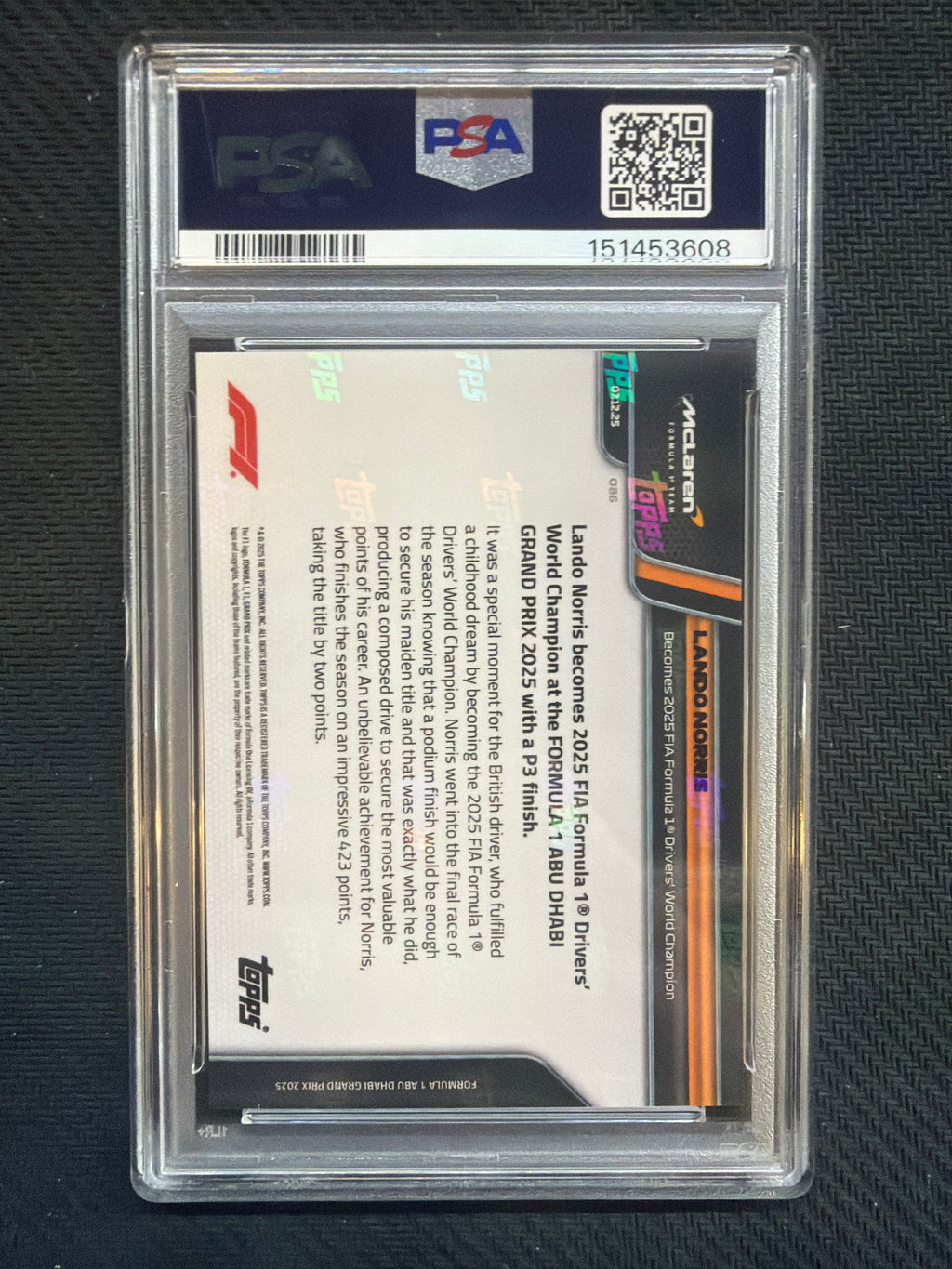 2025 Topps Now Formula 1 F1 Lando Norris #86 PSA 10 Mclaren 608