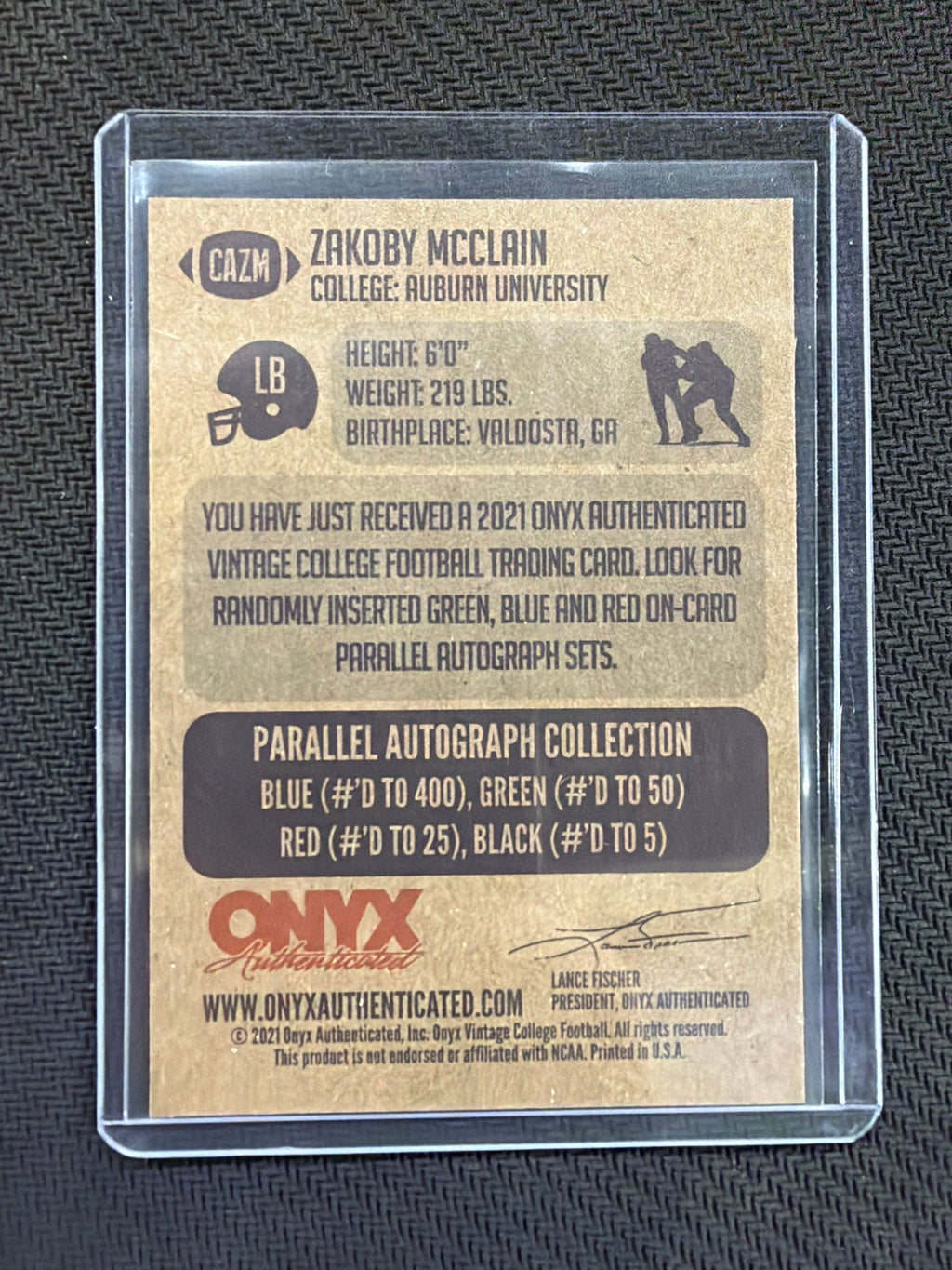 2021 Onyx Zakoby McClain Rookie Auto Auburn