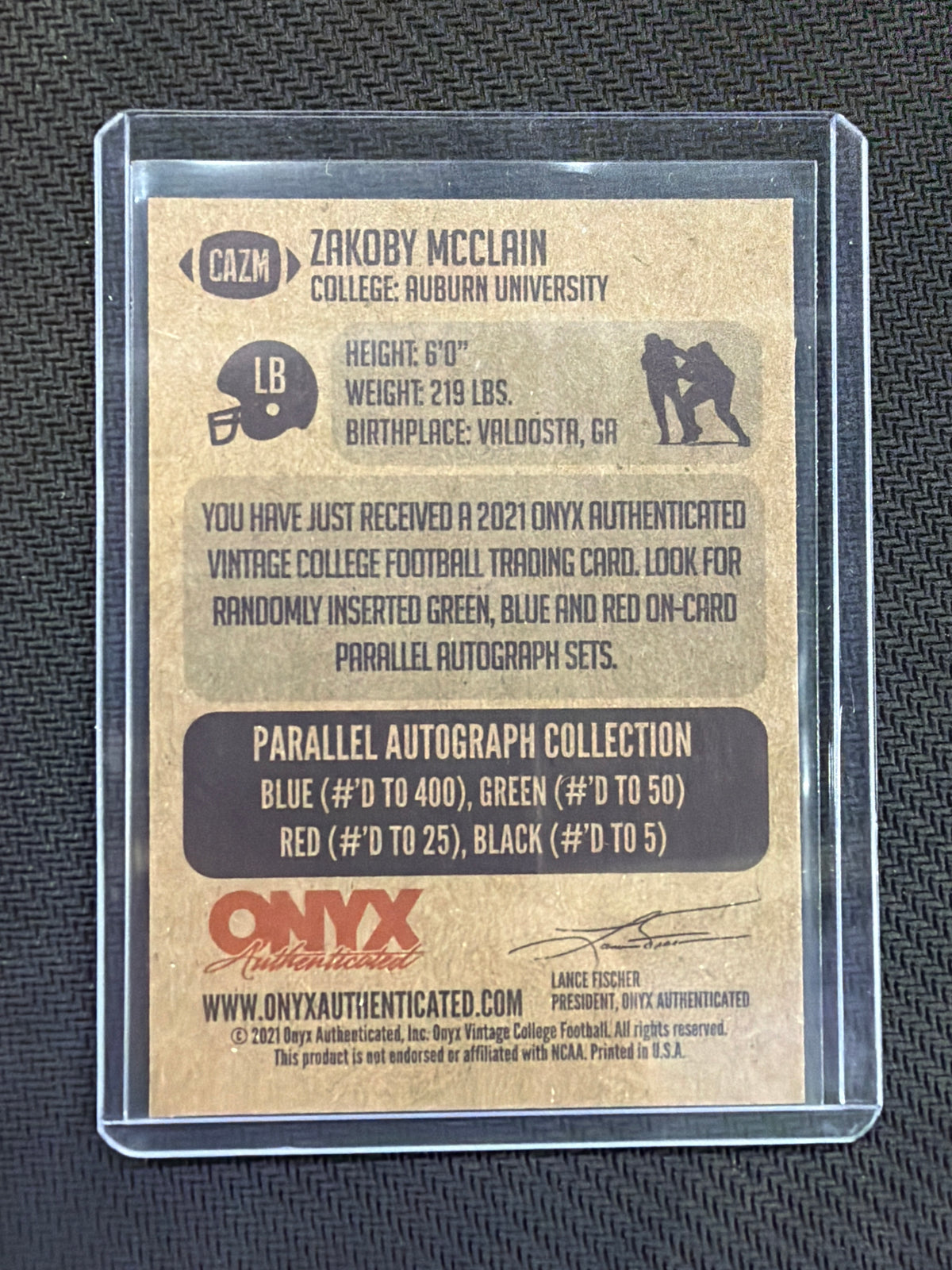 2021 Onyx Zakoby McClain Rookie Auto Auburn