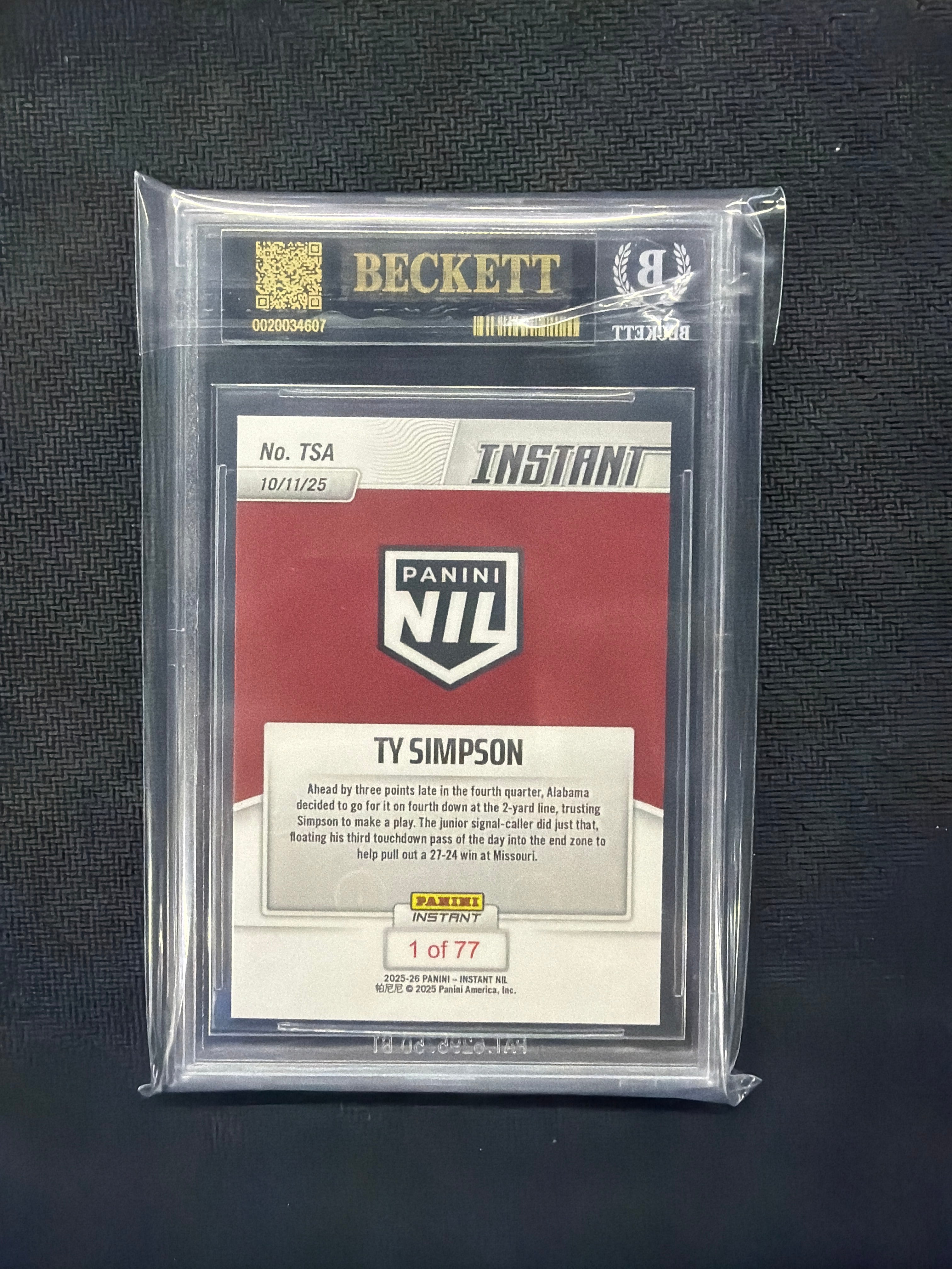 2025 Panini Instant NIL TY Simpson BGS 10 BLACK LABEL 607