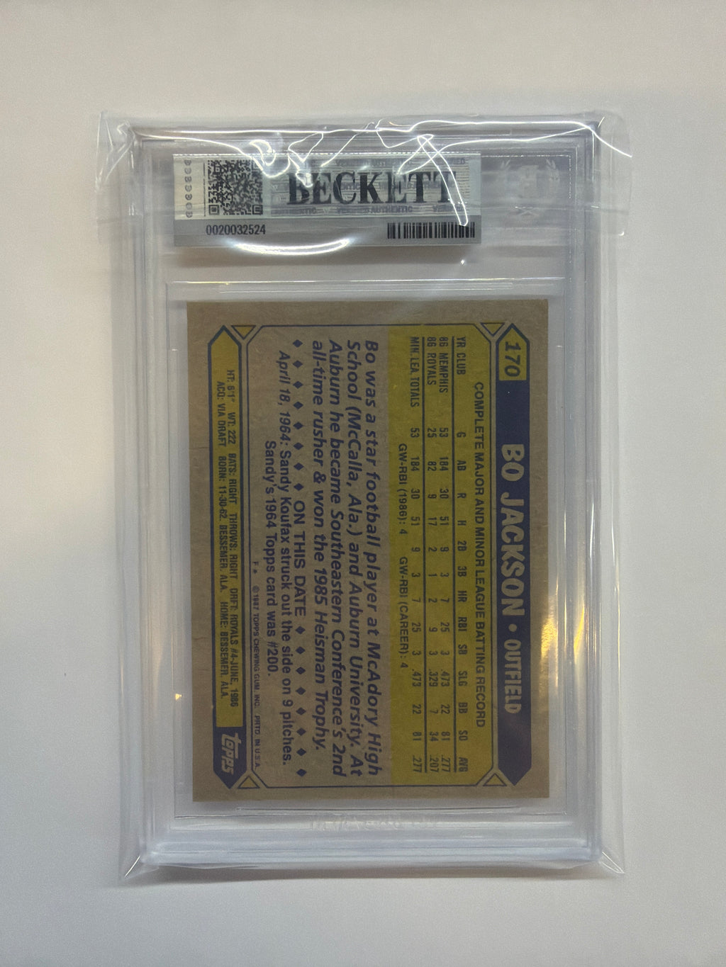 1987 Topps #170 Bo Jackson BGS 8.5 Royals 524