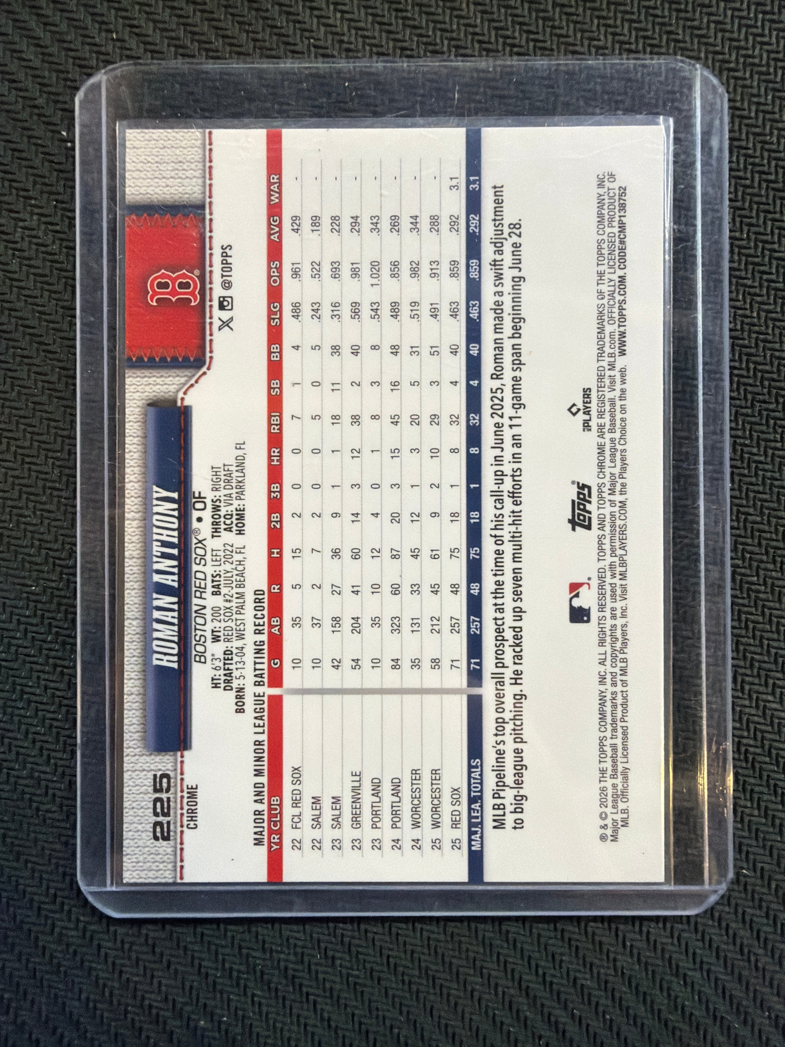 2026 Topps Chrome Roman Anthony #225 Image Variation Red Sox