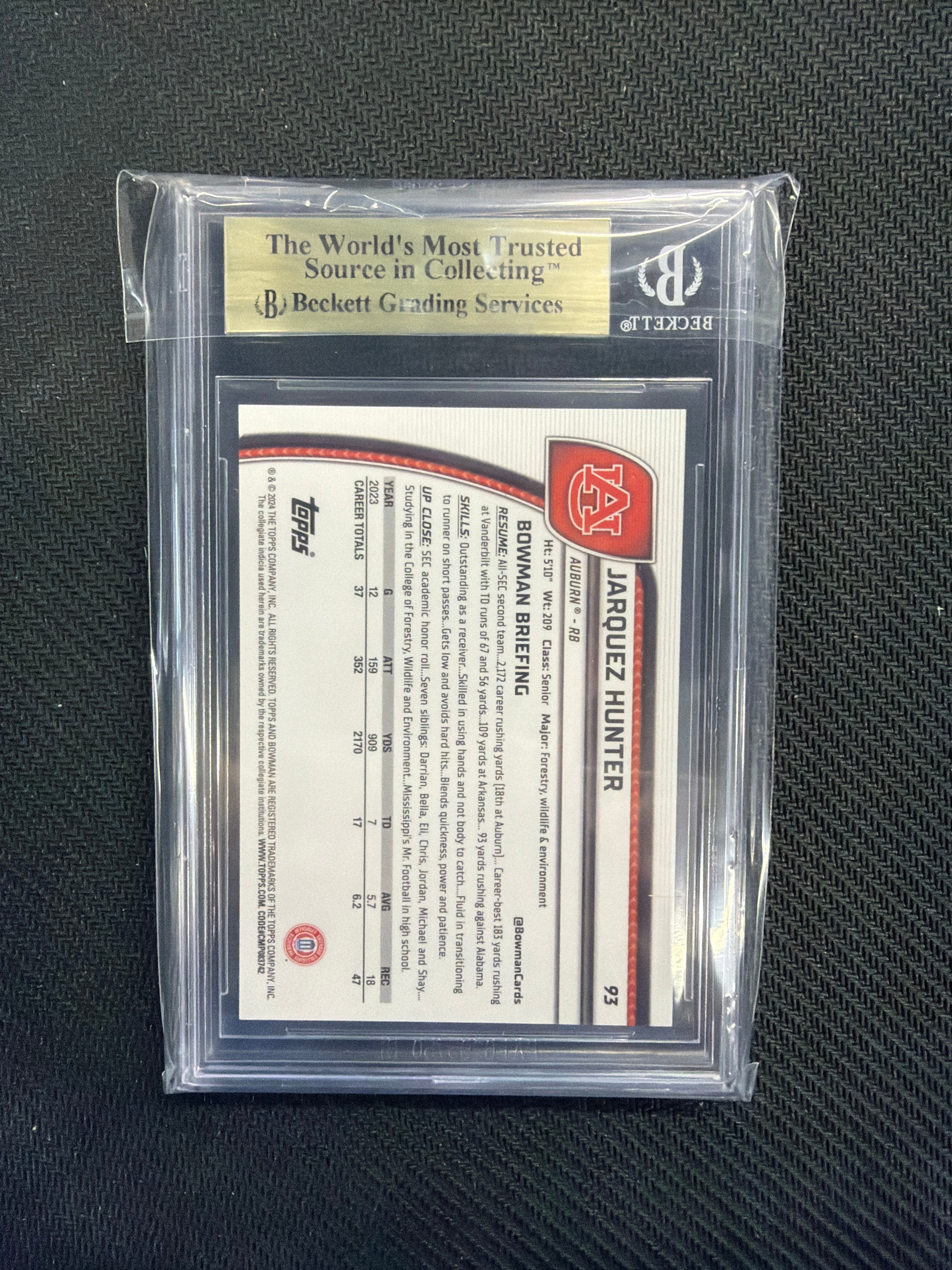 2024 Bowman U Chrome Jarquez Hunter Purple Mini /375 BGS 9.5 Auburn