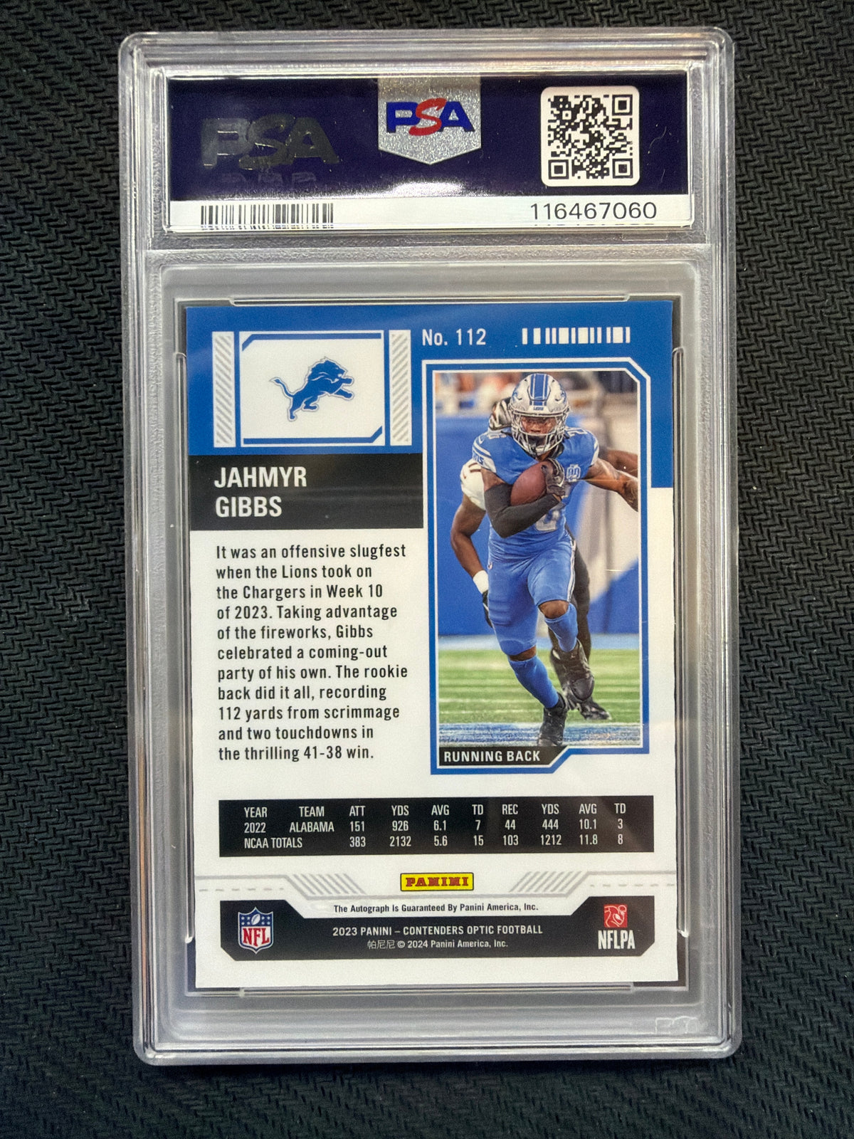 2023 Contenders Optic Jahmyr Gibbs Rookie Auto #112 PSA 9 Lions