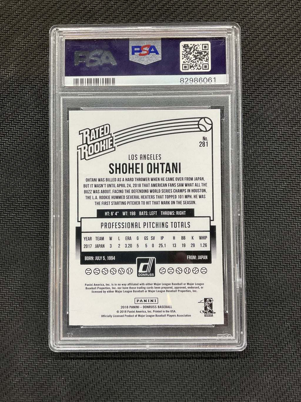 2018 Donruss Shohei Ohtani Wrapper Redemption #281 PSA 10 Rookie