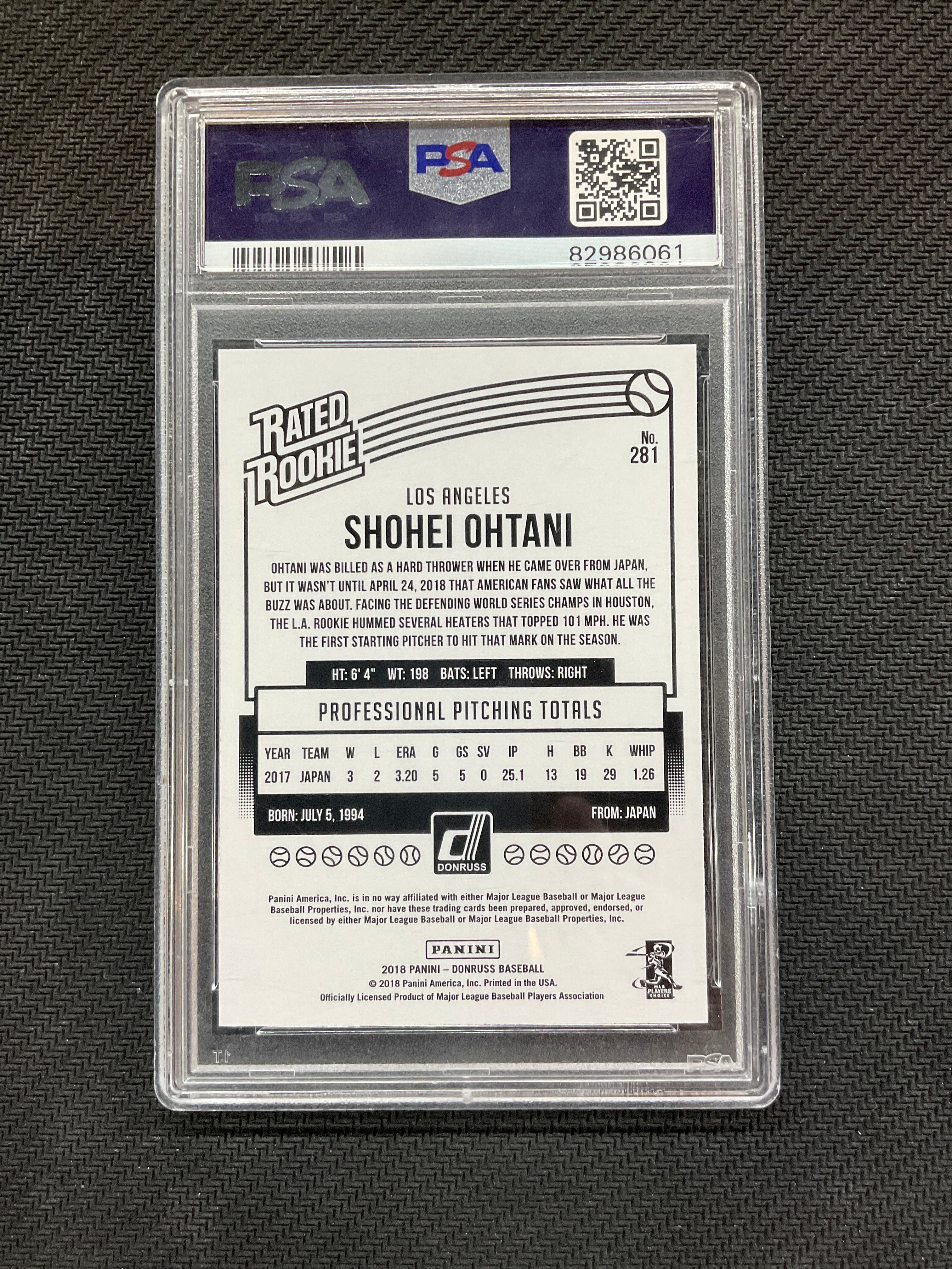2018 Donruss Shohei Ohtani Wrapper Redemption #281 PSA 10 Rookie