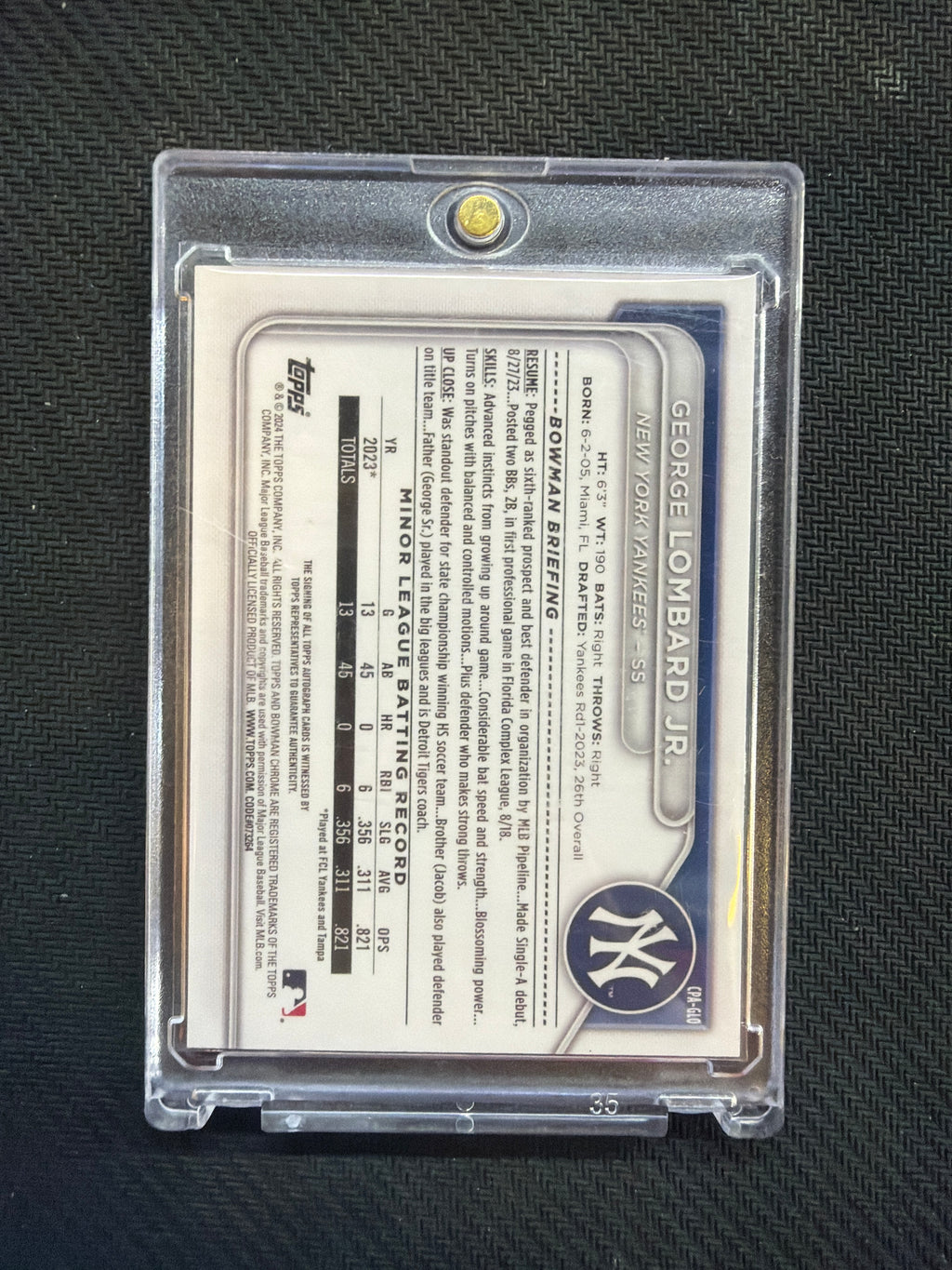 2024 Bowman Chrome George Lombard 1st Auto Yankees