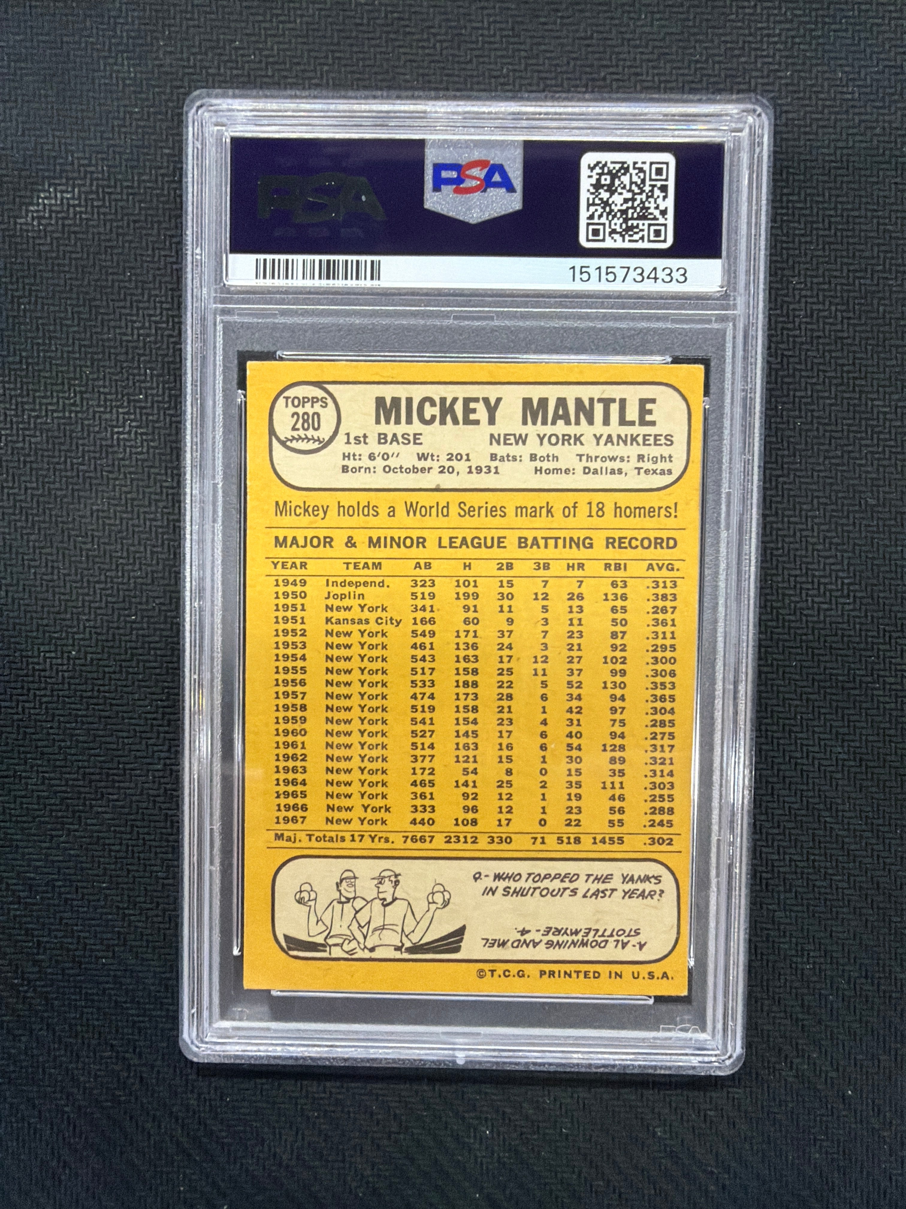 1968 Topps Mickey Mantle PSA 3 Yankees