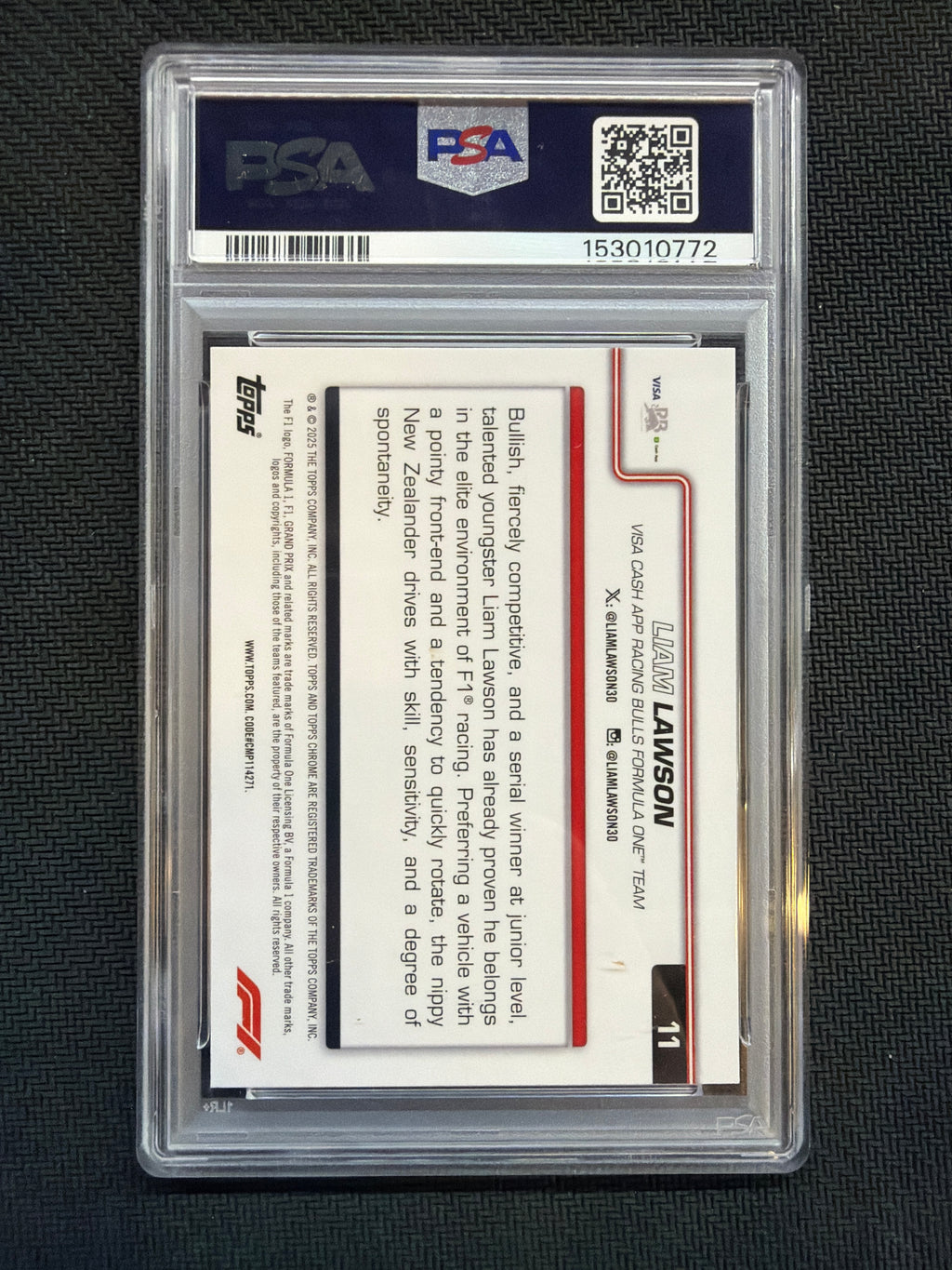 2025 Topps Chrome Sapphire F1 Liam Lawson Rookie PSA 10
