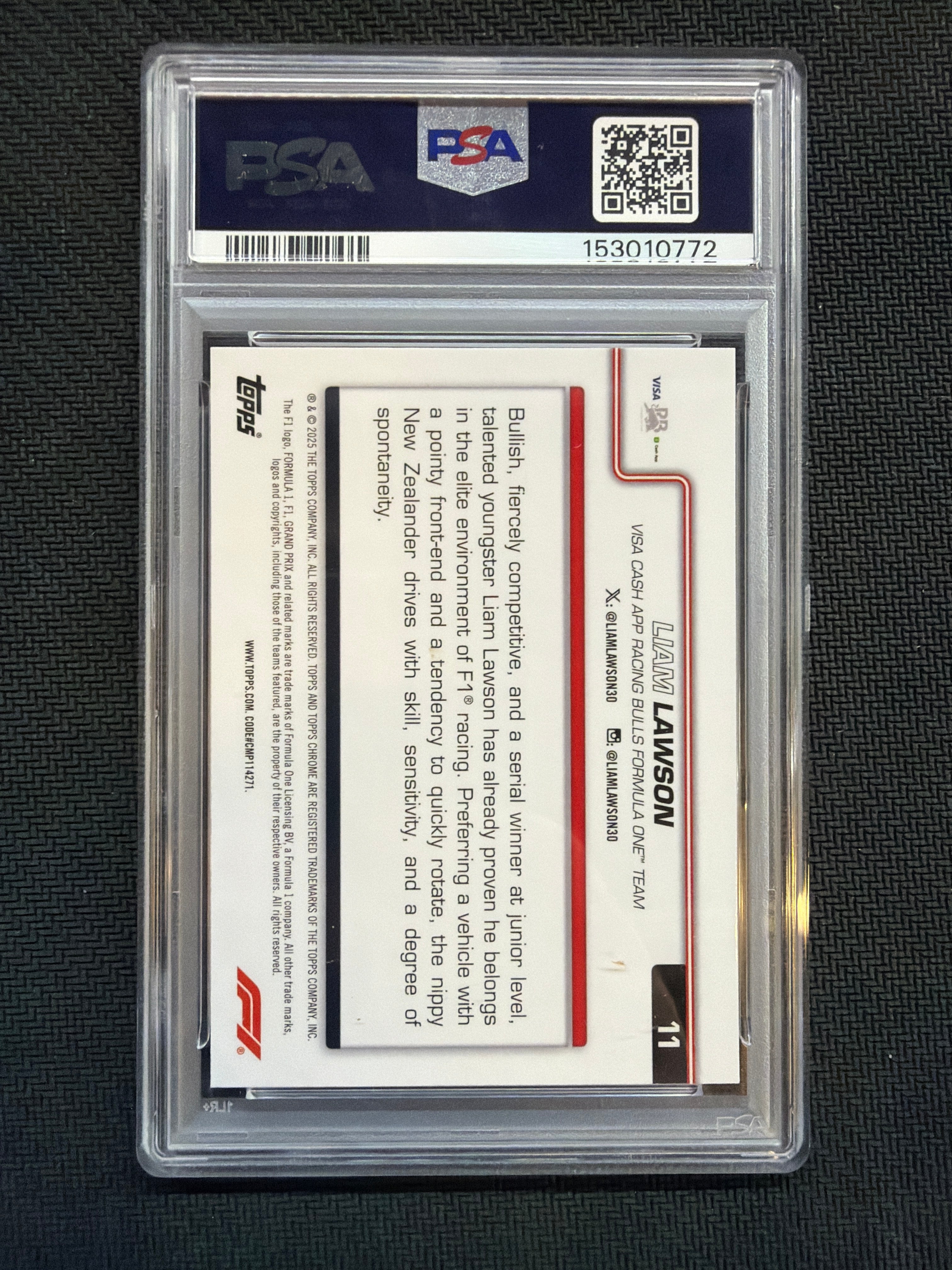 2025 Topps Chrome Sapphire F1 Liam Lawson Rookie PSA 10