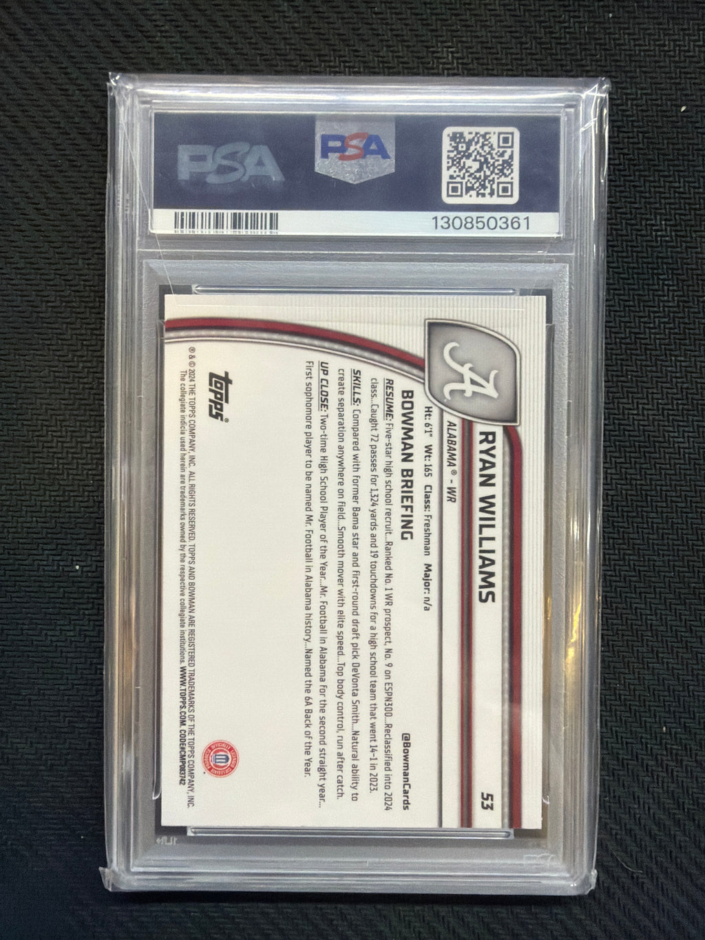 2024 Bowman U Chrome Ryan Williams PSA 10 Alabama 361