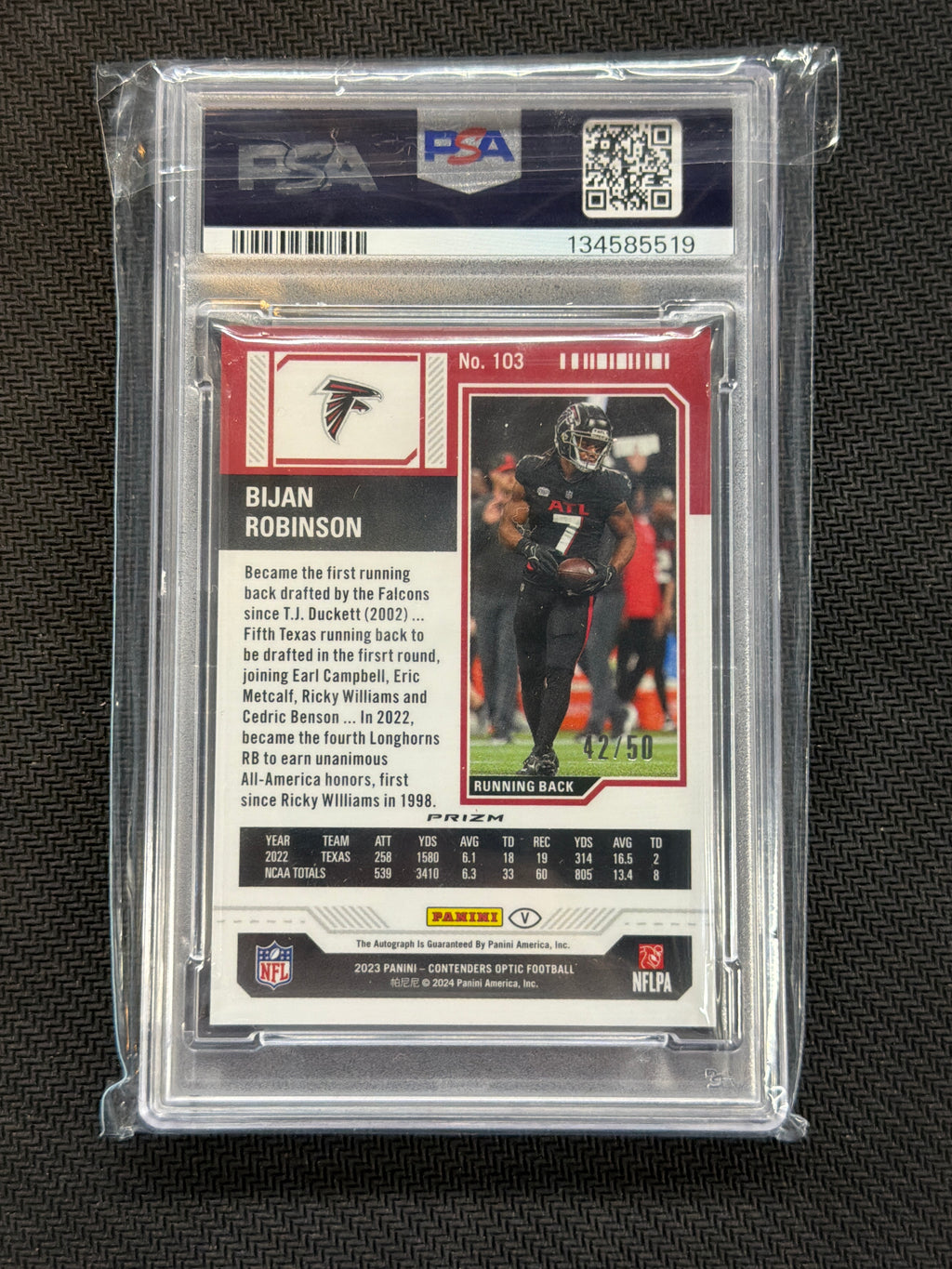 2023 Contenders Optic Bijan Robinson Variation Blue Auto /50 PSA 9 519