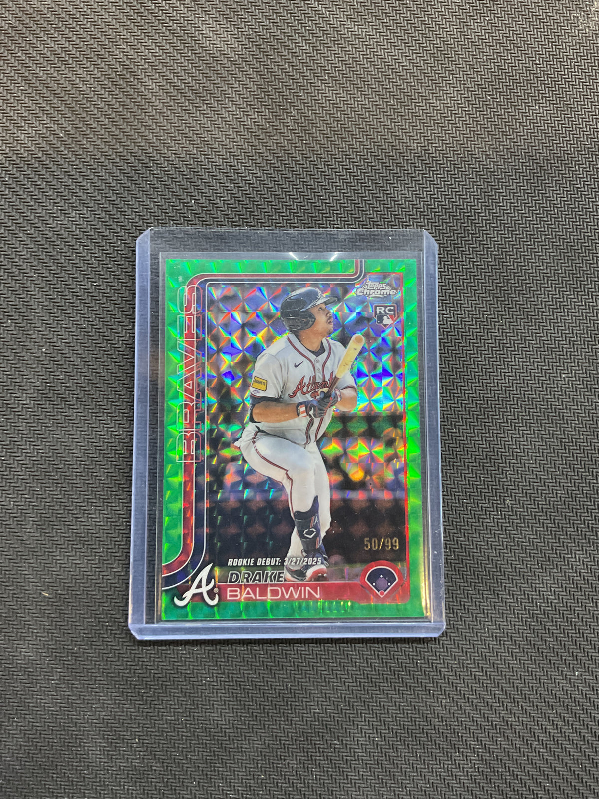 2025 Topps Chrome Update Drake Baldwin Rookie Debut Green Geometric /99 Braves (crimped edge)