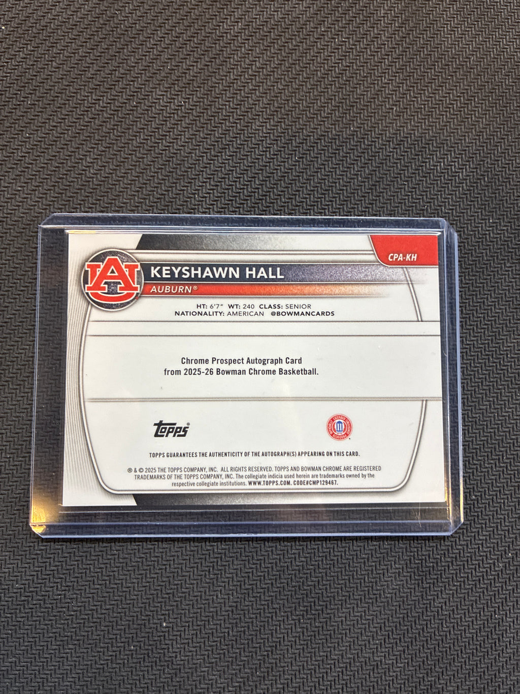 2025-26 Bowman Chrome Keyshawn Hall 1st Bowman Auto Speckle Refractor /299 #CPA-KH Auburn