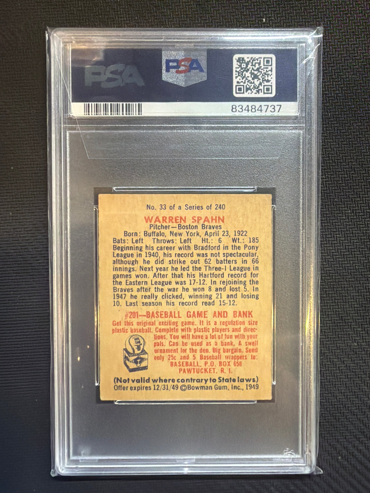 1949 Bowman Warren Spahn #33 PSA 4 Braves