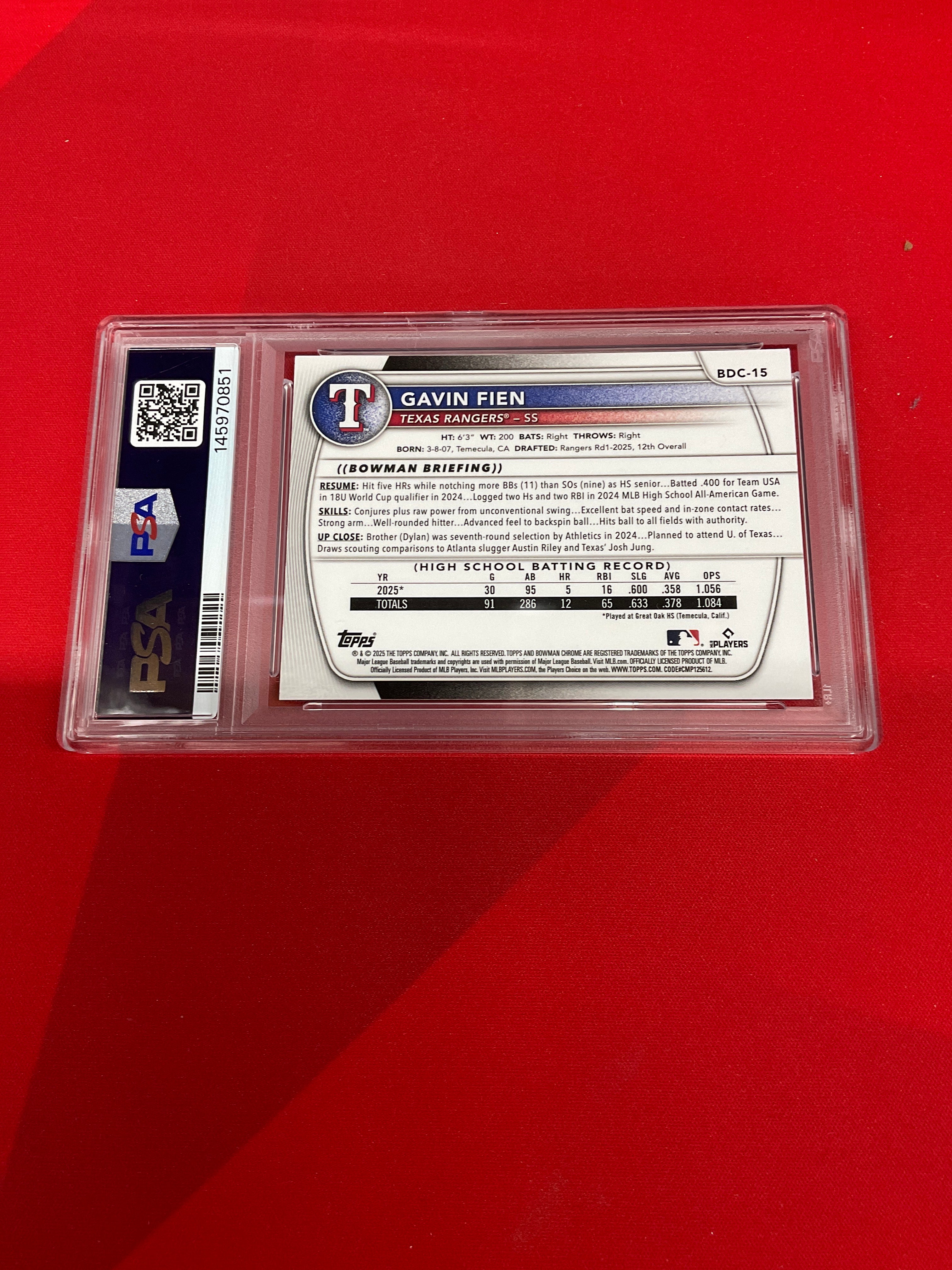 2025 Bowman Chrome Gavin Fien PSA 9 Rangers
