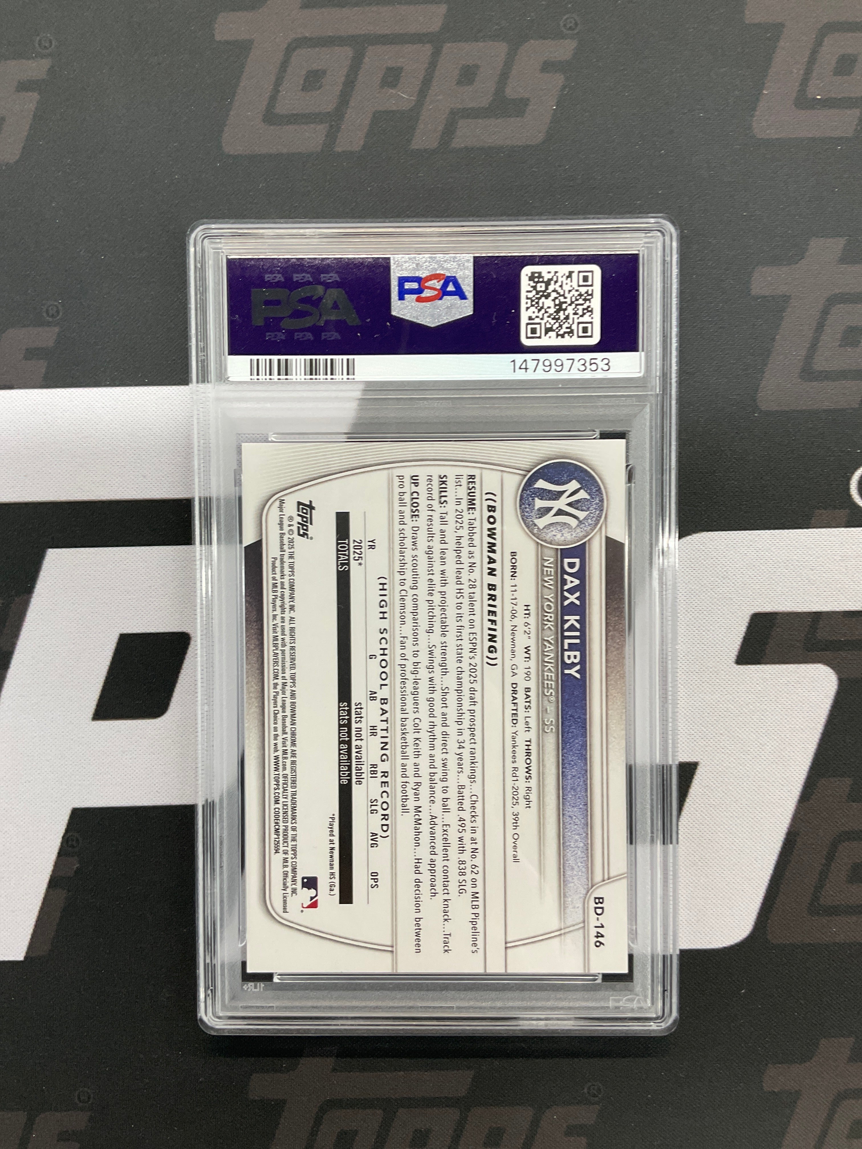 2025 Bowman Draft Dax Kilby Rookie 1st PSA 10 Yankees