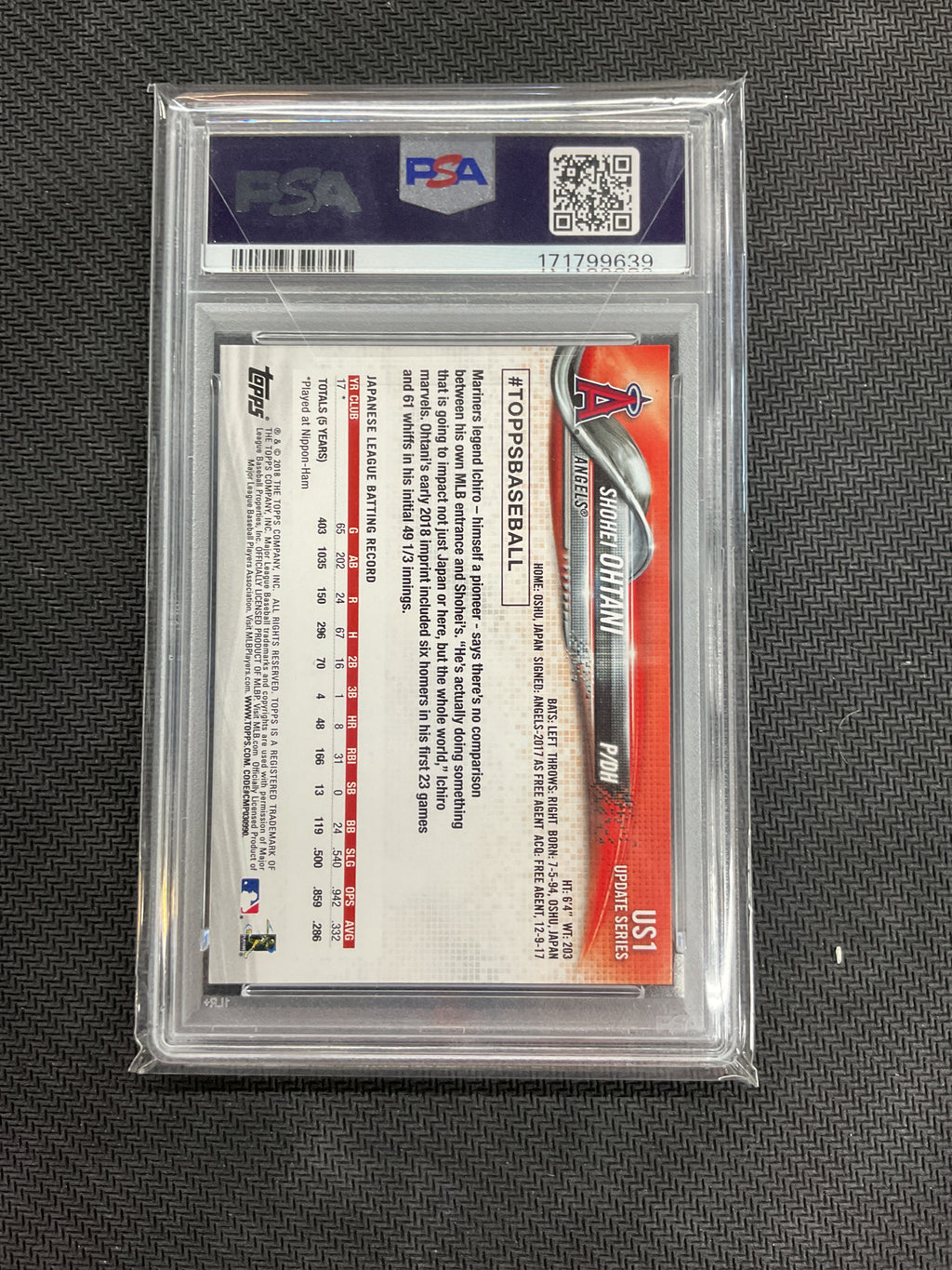 2018 Topps Update Shohei Ohtani Rookie #US1 Pitching PSA 10 639