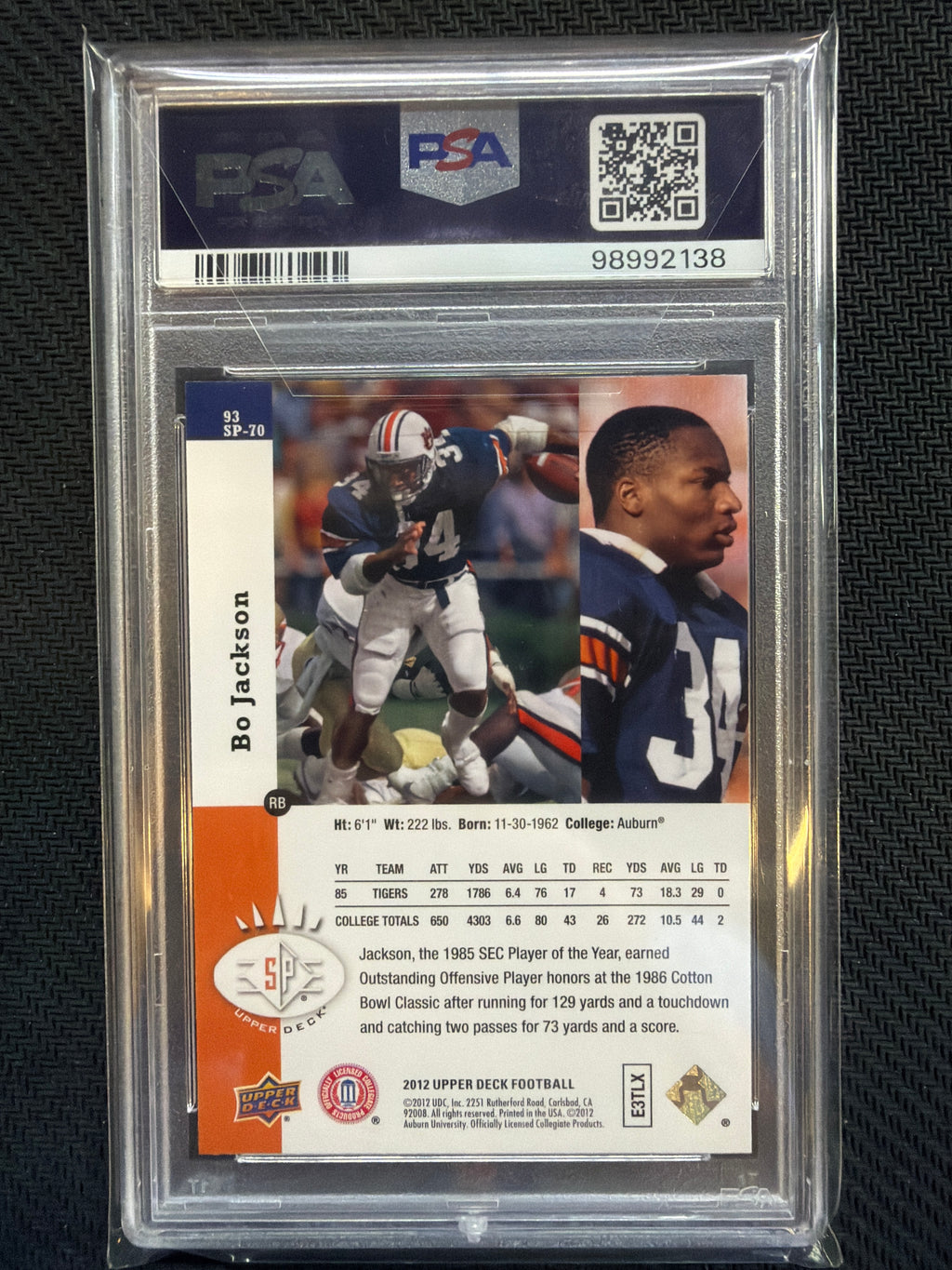 2012 Upper Deck Bo Jackson 1993 SP Insterts #SP-70 PSA 9 Auburn