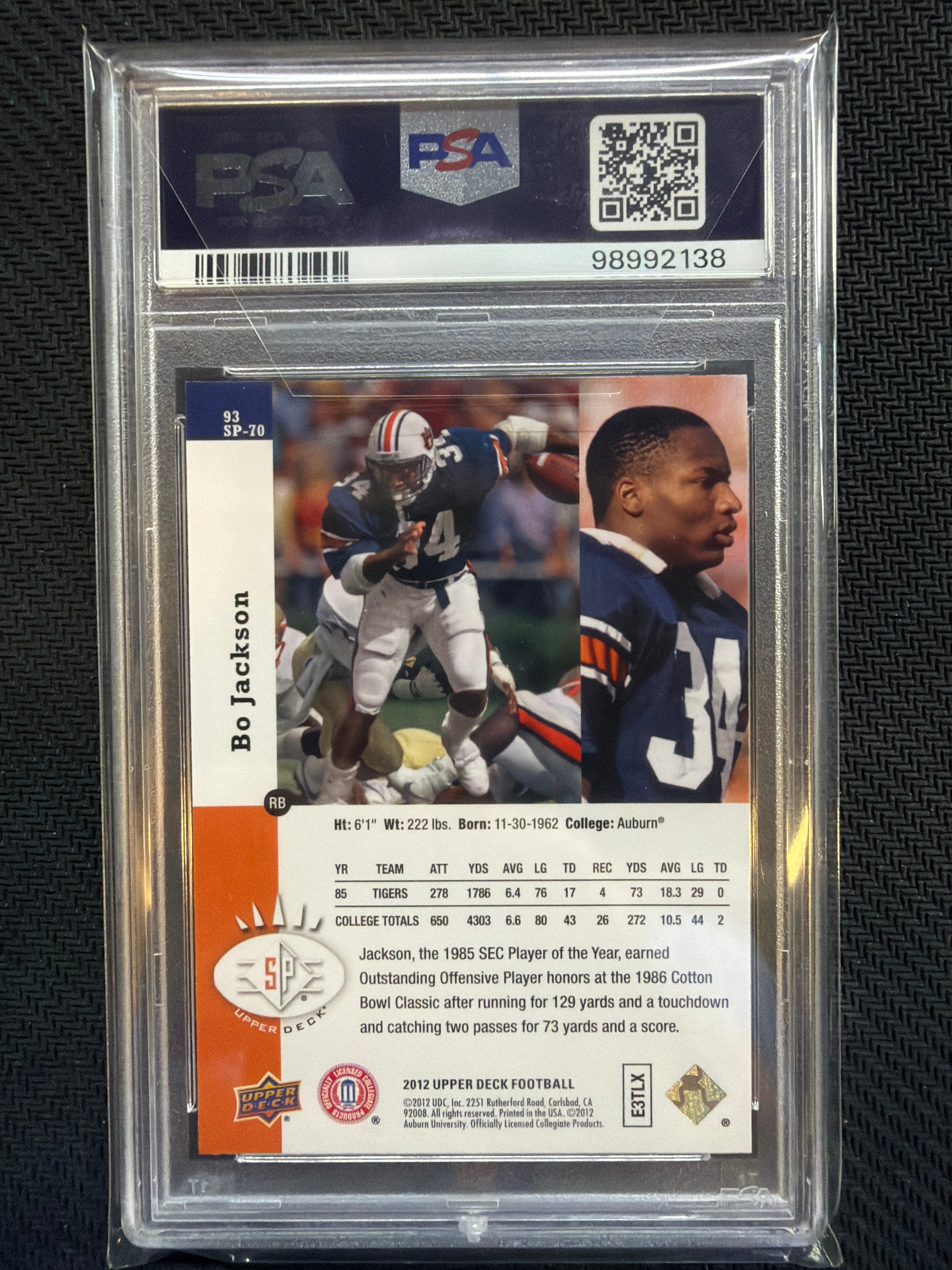 2012 Upper Deck Bo Jackson 1993 SP Insterts #SP-70 PSA 9 Auburn