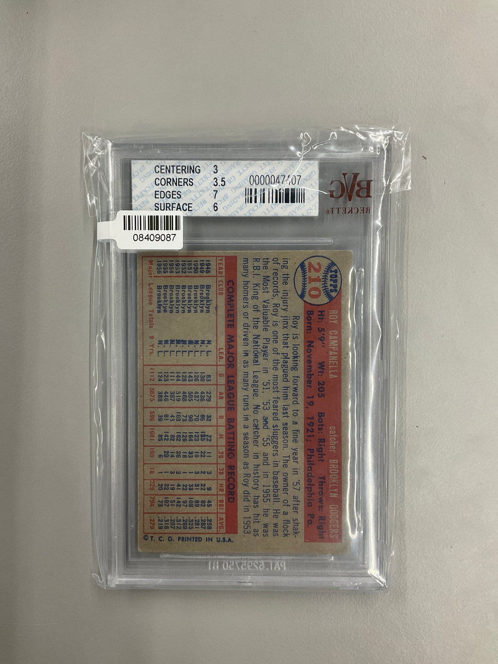 1957 Topps #210 Roy Campanella BVG 3.5 Dodgers