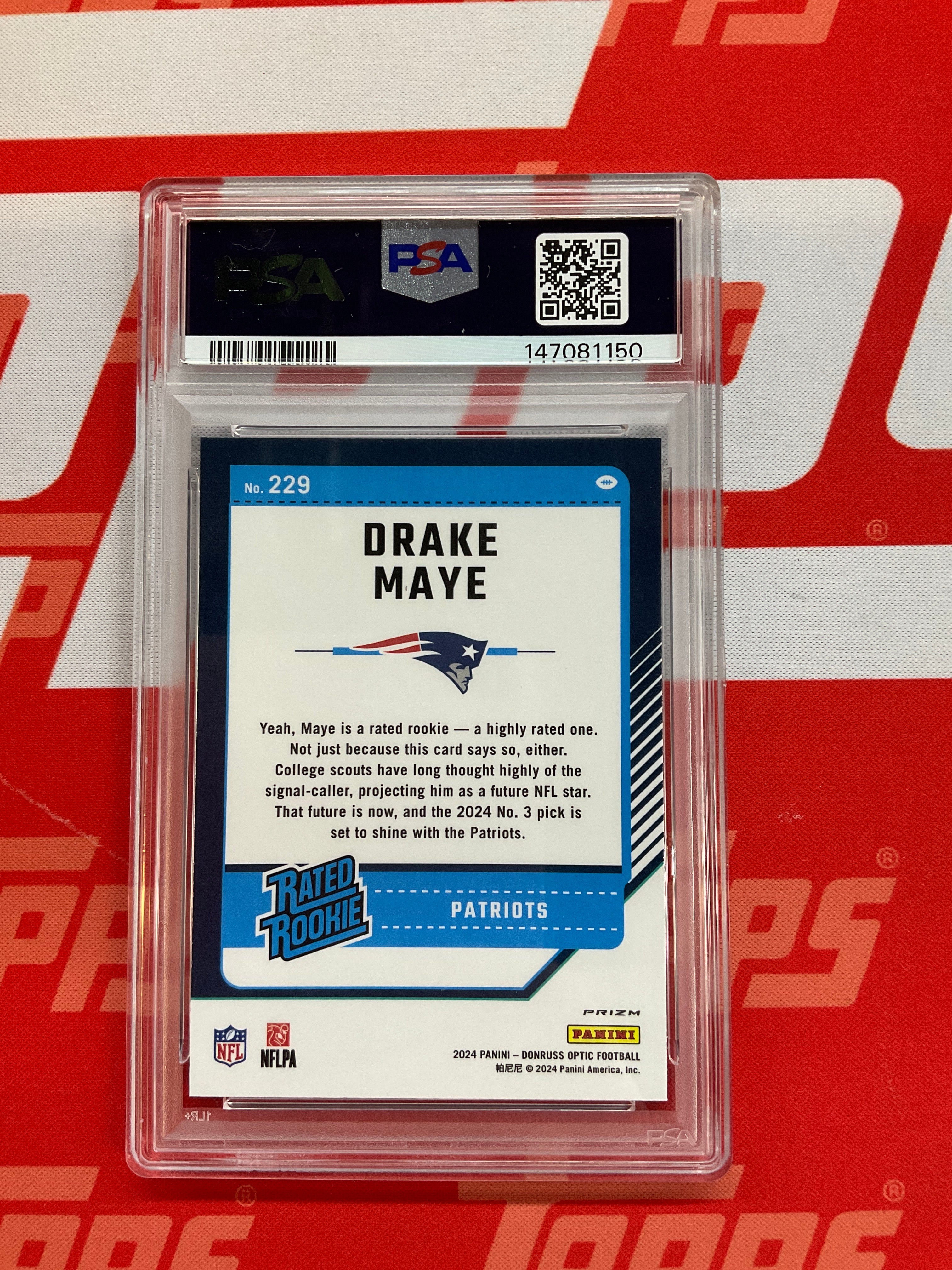 2024 Donruss Optic Drake Maye Rookie Purple Shock PSA 10 Pats
