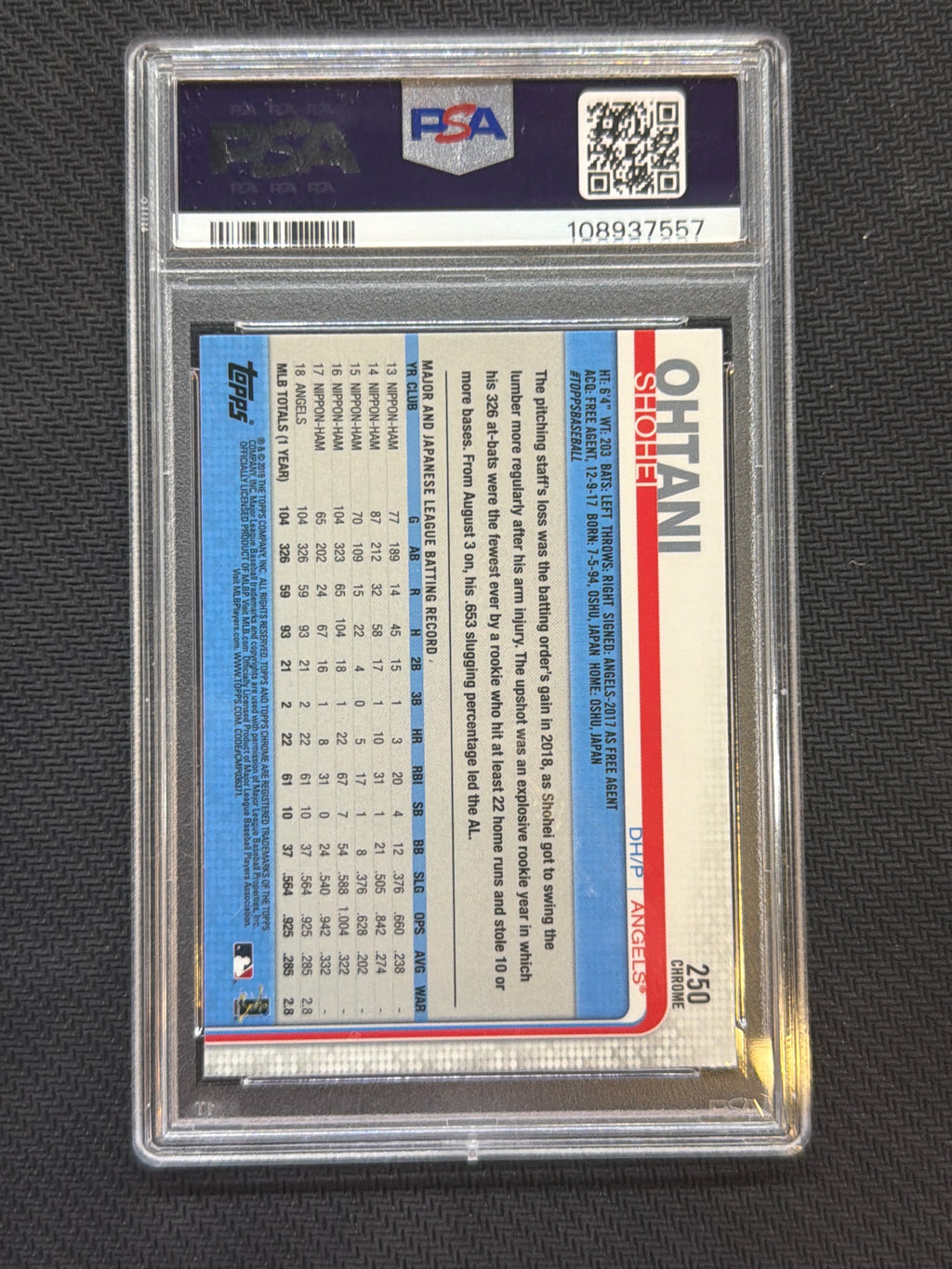 2019 Topps Chrome Sapphire Shohei Ohtani #250 PSA 10 557