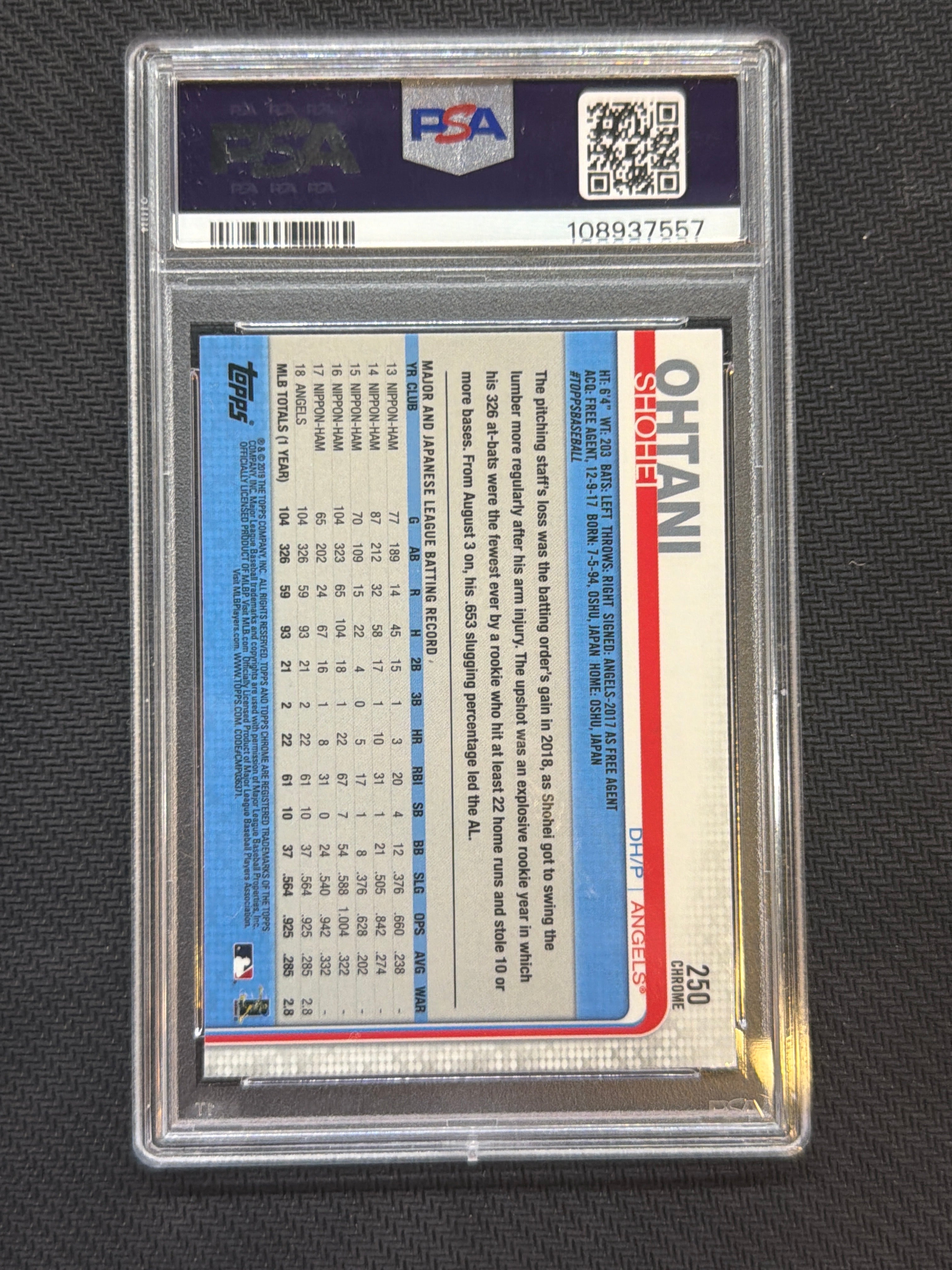 2019 Topps Chrome Sapphire Shohei Ohtani #250 PSA 10 557