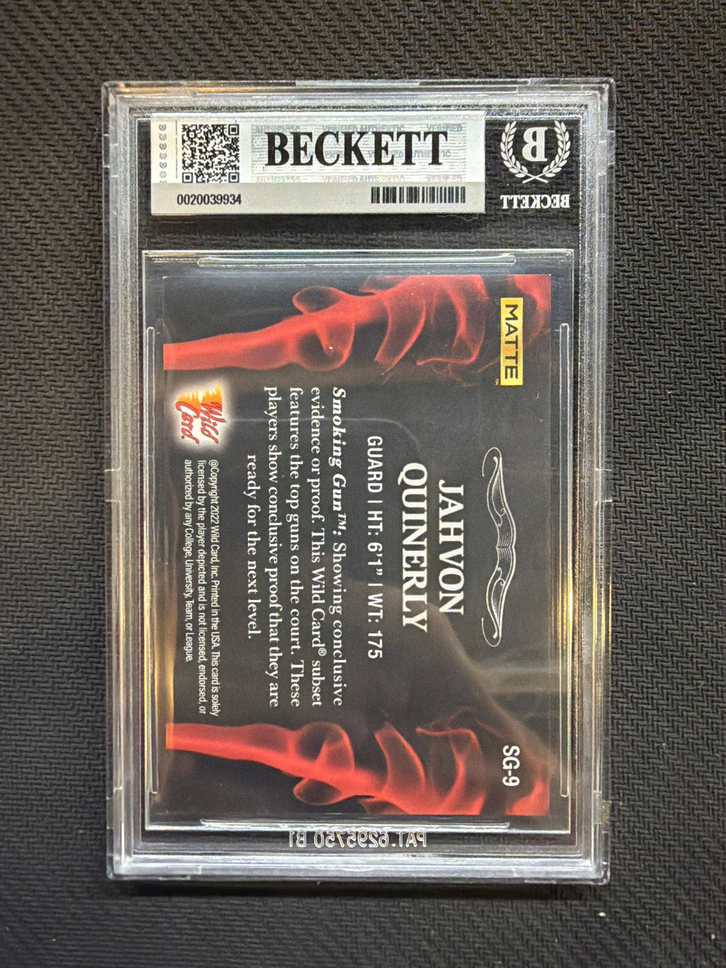 2022 Wild Card Matte Jahvon Quinerly Smoking Guns Black Red /125 BGS 8.5 Alabama