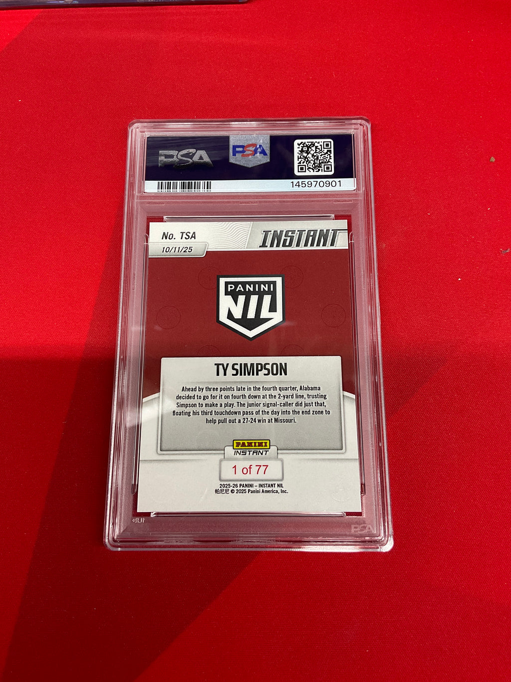 2025 Panini Instant NIL Ty Simpson Rookie PSA 10 Alabama 901