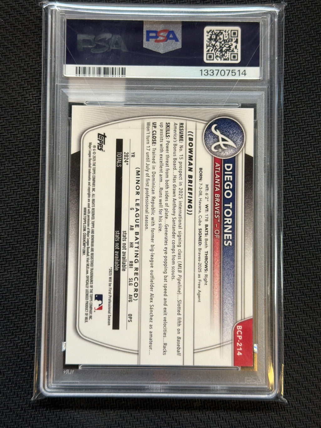 2025 Bowman Chrome Diego Tornes Purple Gemetric /250 PSA 10 Braves