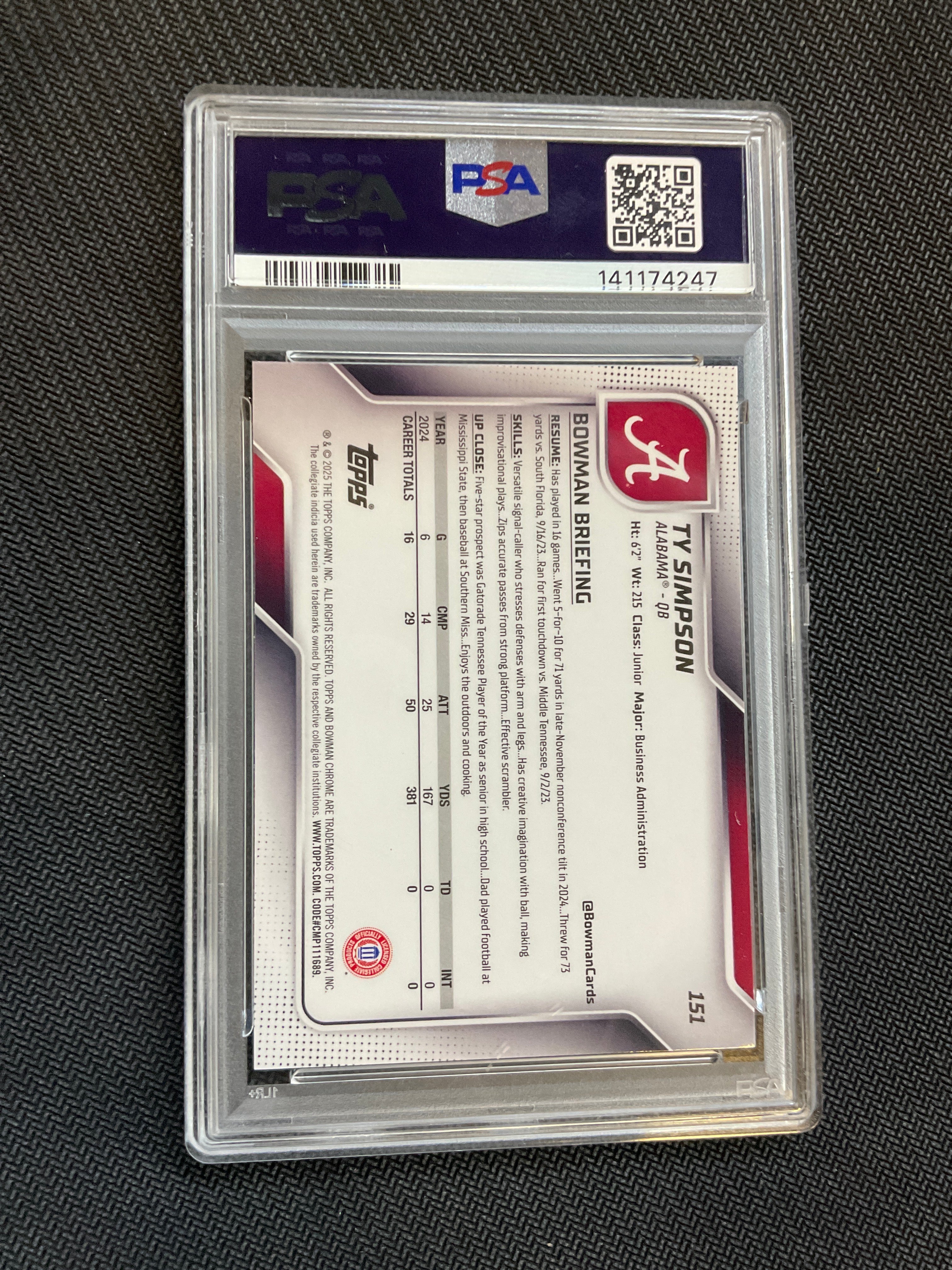 2025 Bowman U Chrome Ty Simpson Yellow Mini /350 PSA 10 Alabama