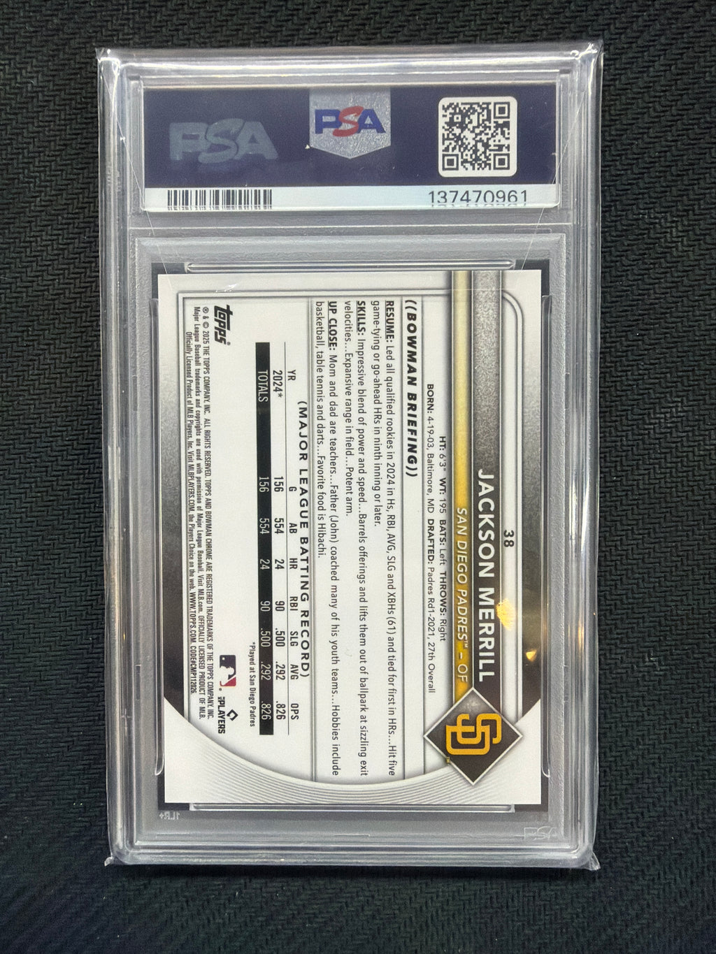 2025 Bowman Chrome Jackson merrill Red /5 PSA 8