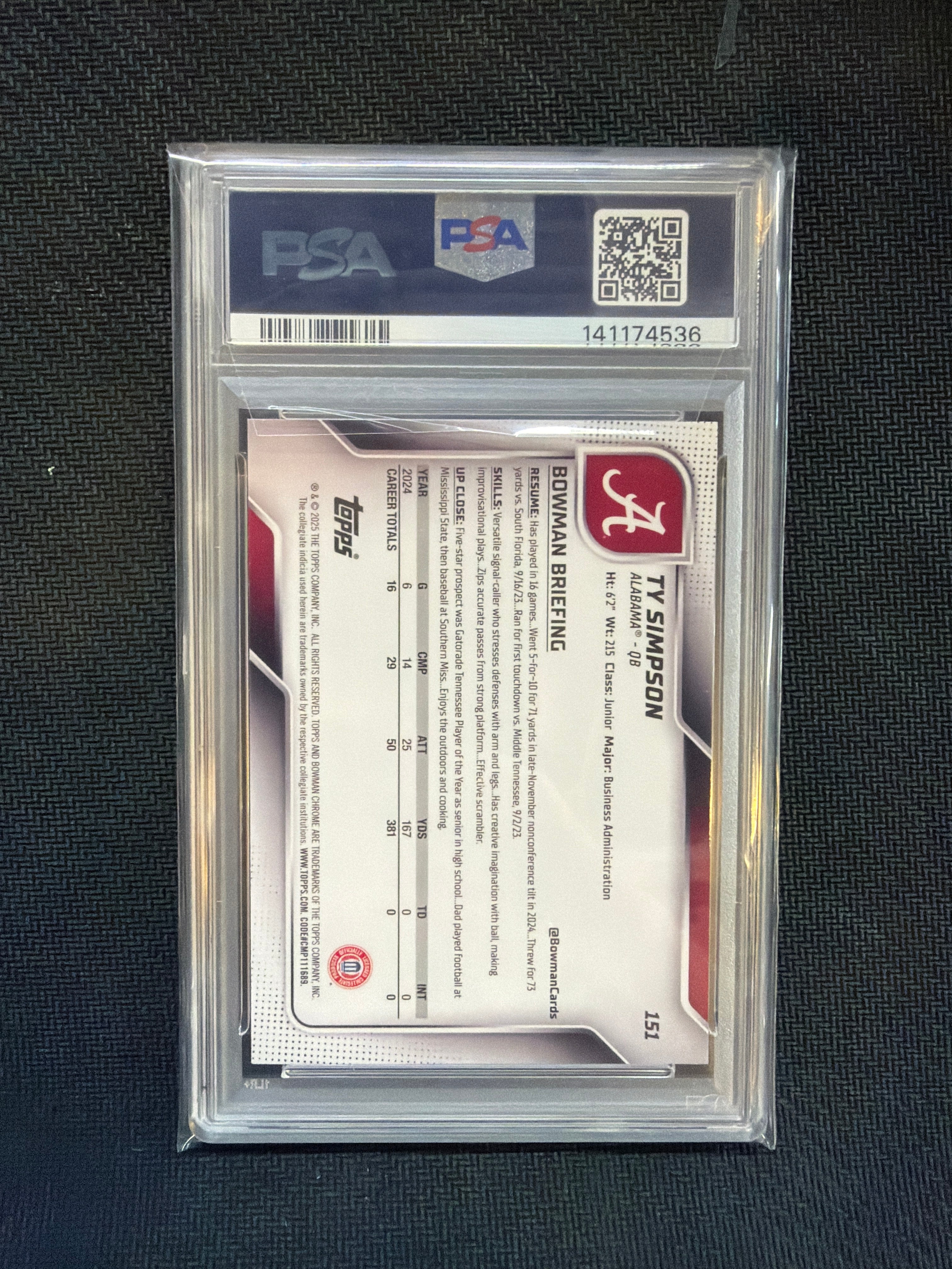 2025 Bowman U Chrome Ty Simpson Aqua Mini /325 PSA 19 Alabama