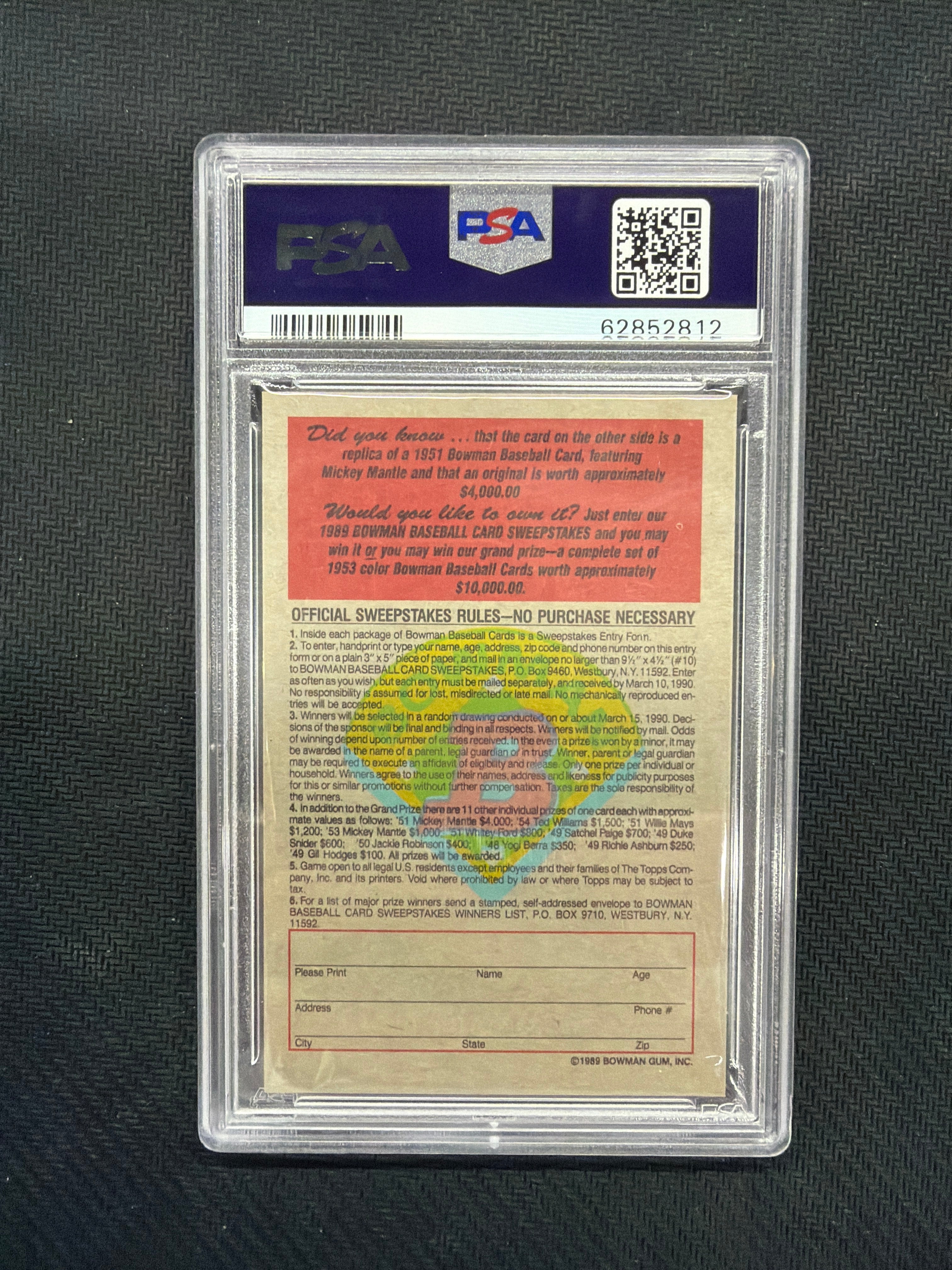 1989 Bowman Inserts Mickey Mantle 1951 Reprint PSA 10 Yankees
