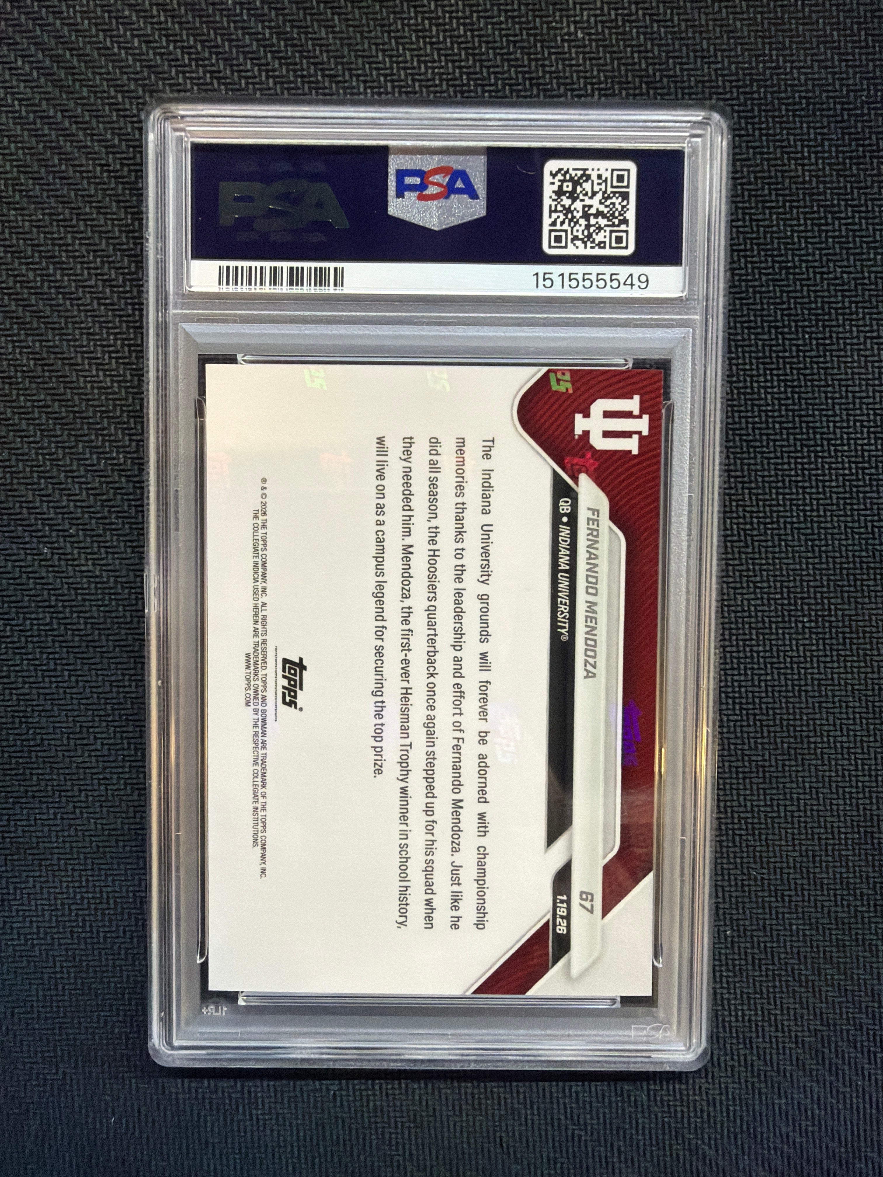 2025 Bowman U Now Fernando Mendoza Rookie #67 PSA 10 Indiana 549